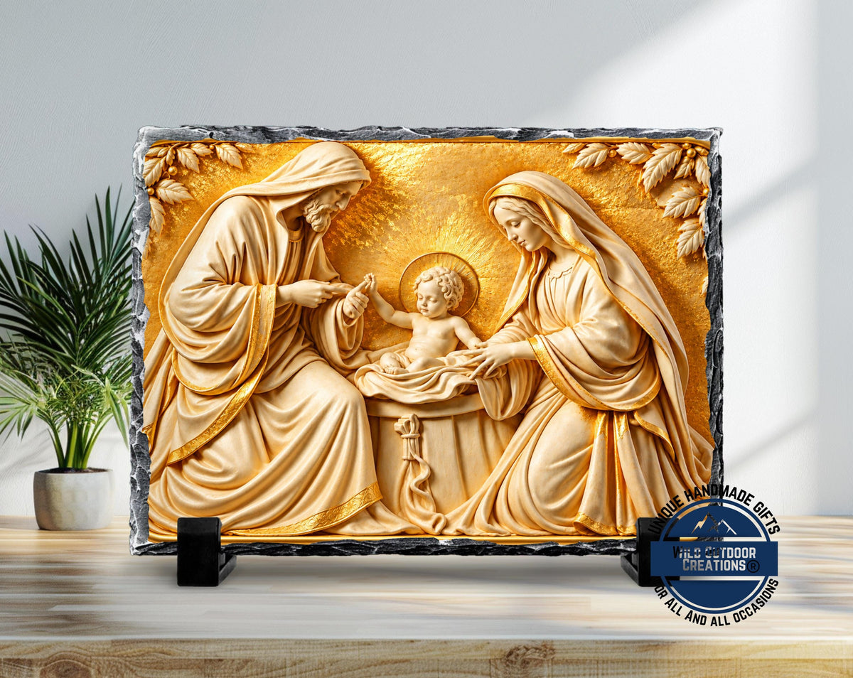 Holy Family Slate Plaque, Gold Nativity Art, Christian Catholic Religious Gift Decor