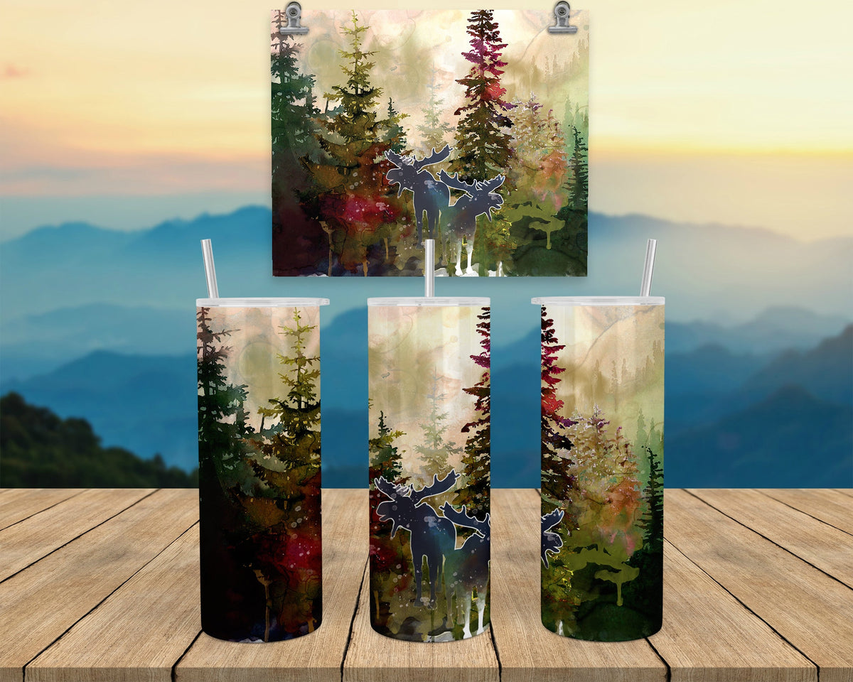 Moose Tumbler| Watercolor Forest Scene, 20Oz Stainless Steel Mug