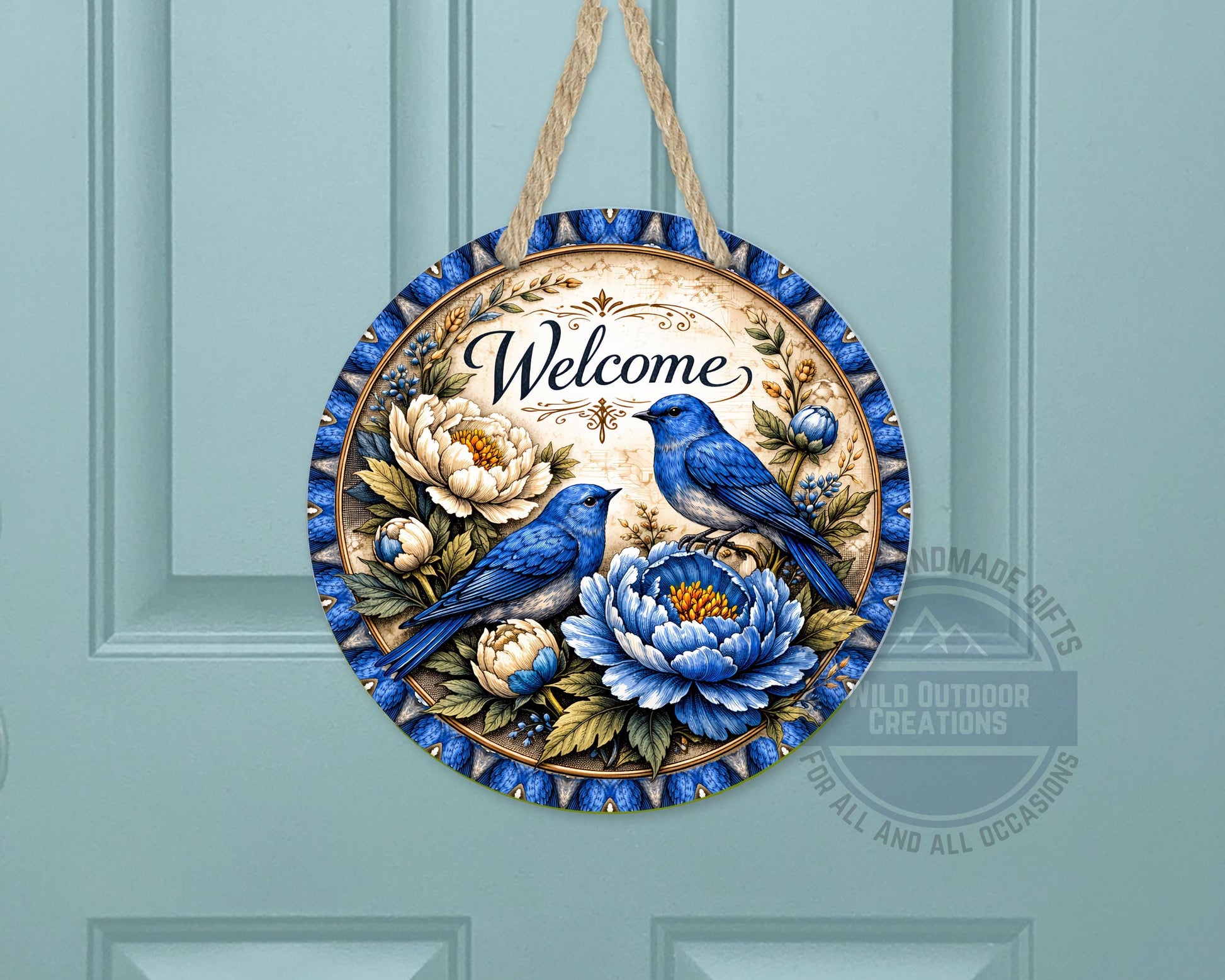 Bluebird Welcome Sign - Round Door Hanger With Floral Porch Decor, UV Coated - additional angle