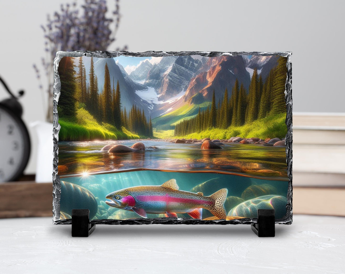 Nature-Inspired Slate Art featuring Rainbow Trout  Rustic Mountain Stream Wall Decor for Outdoor Enthusiasts