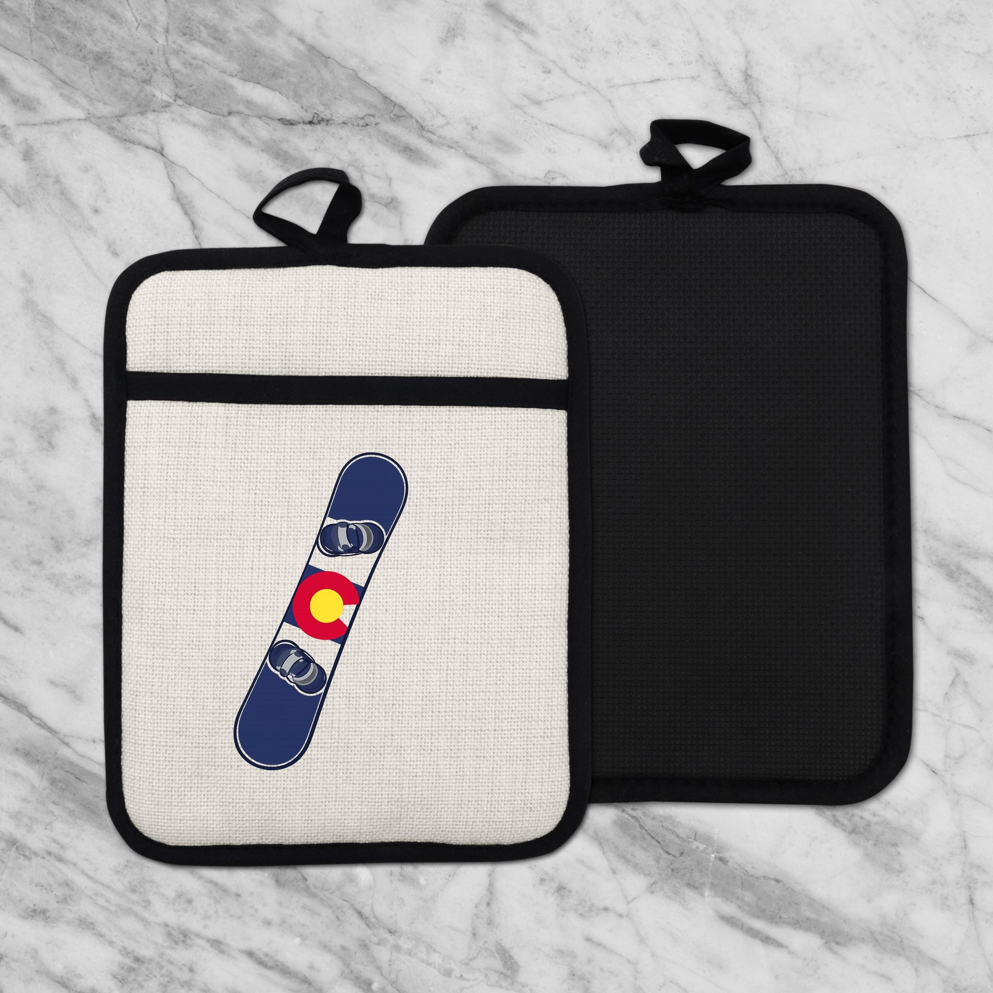 Snowboard Pot Holder - Colorado Flag Design | Linen Fabric & Silicone Backing Pad Trivet - additional product photo 10