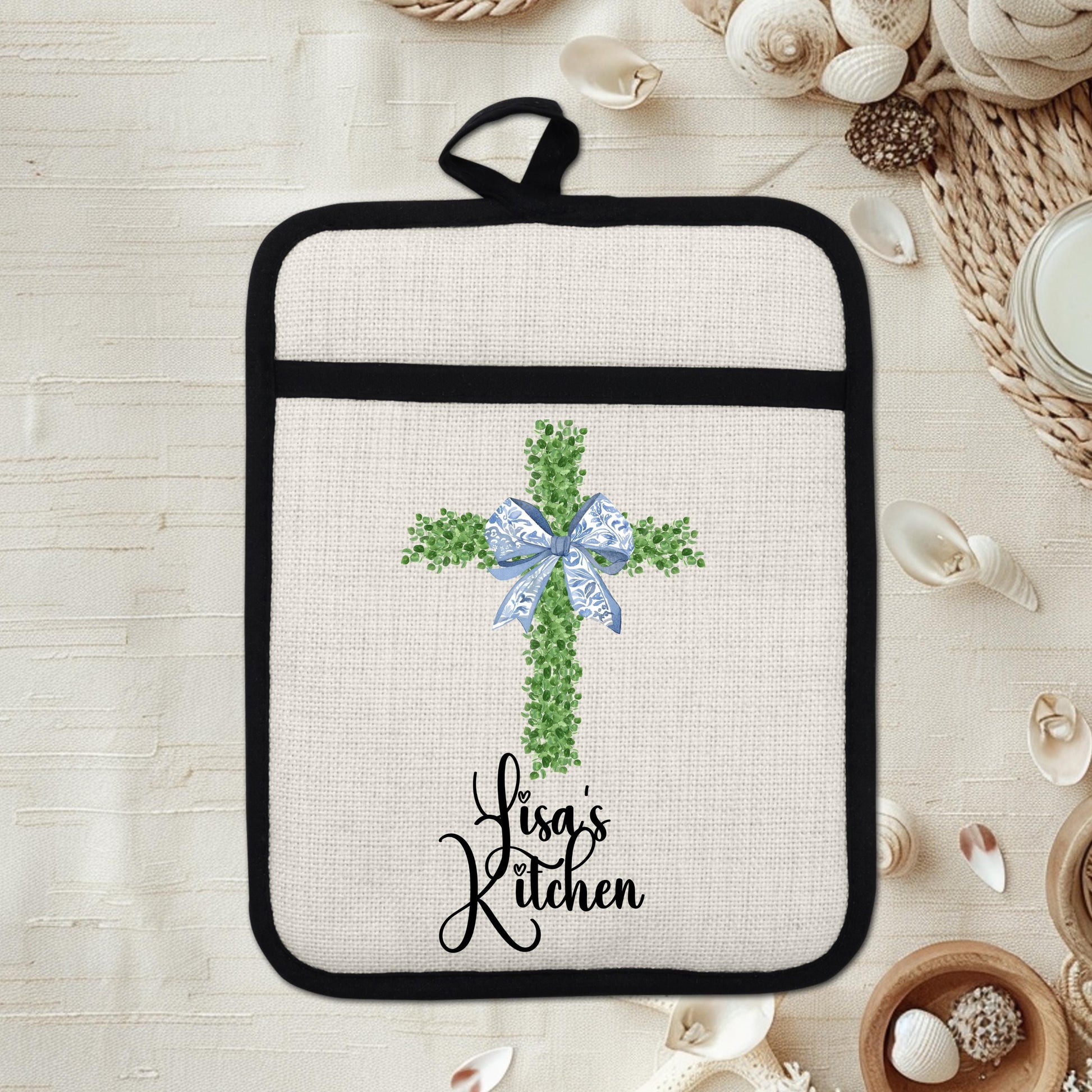 Personalized Christian Pot Holder - Custom Name Floral Cross Kitchen Gift - product dimensions and specifications