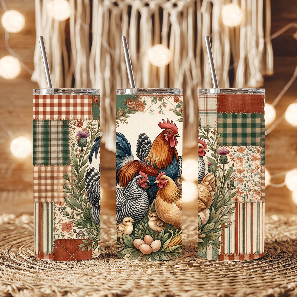 Chicken Tumbler, Rooster Hen Patchwork Quilt, 20 Oz Skinny Gift
