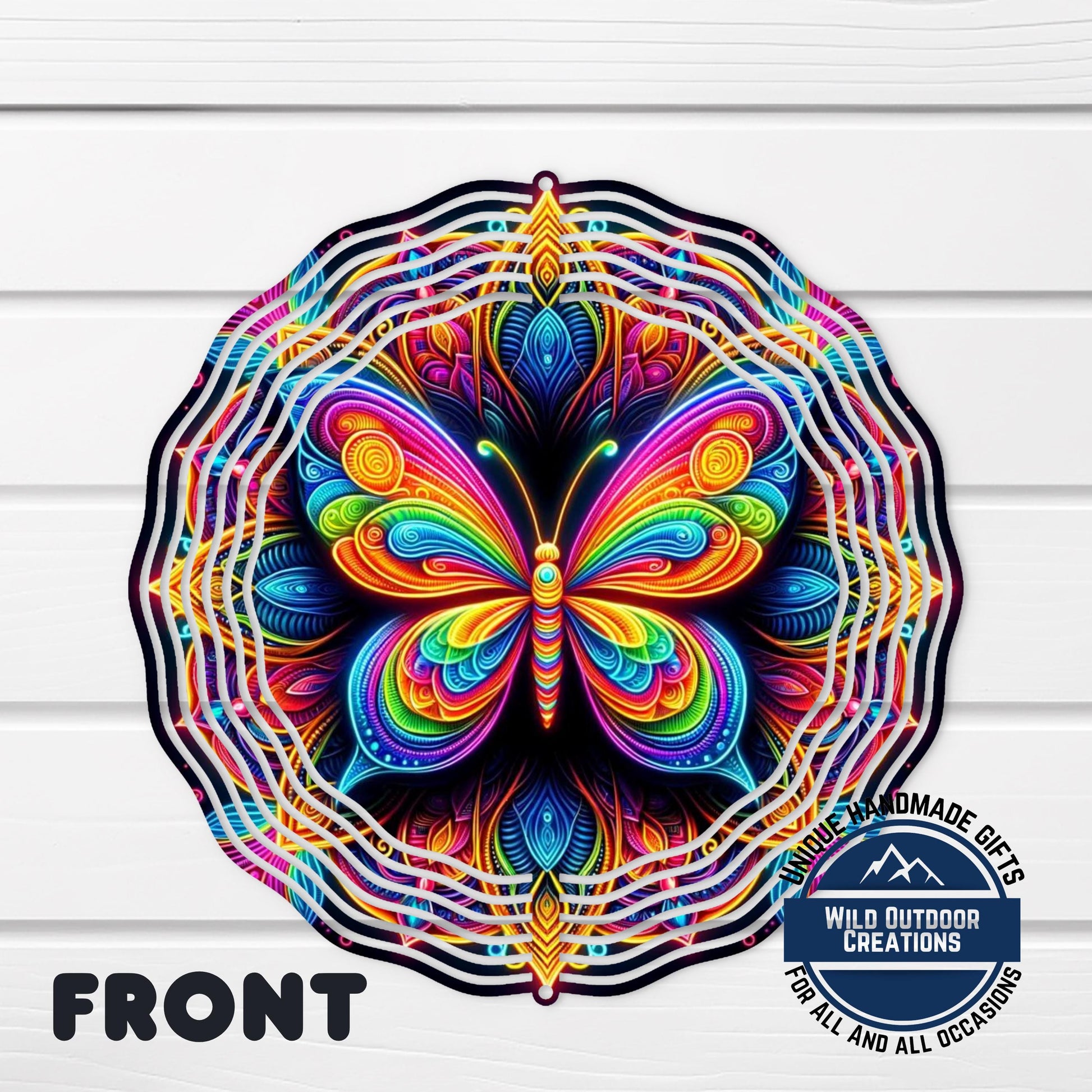 Butterfly Wind Spinner - Neon Rainbow Outdoor Garden Decor with 360° Swivel Hook - shown spinning in outdoor garden setting