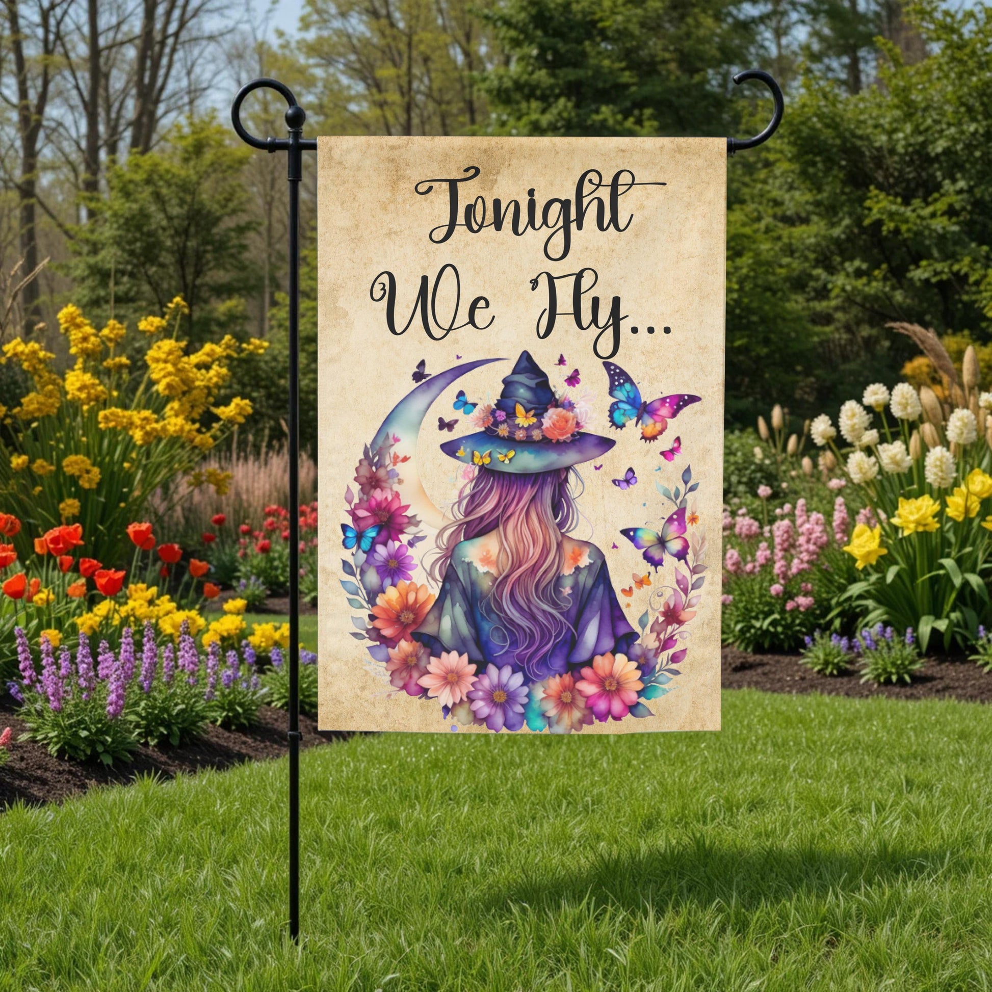 Witch Garden Flag – Floral Butterfly Moon | Boho Halloween Yard Decor 12x18 - additional angle