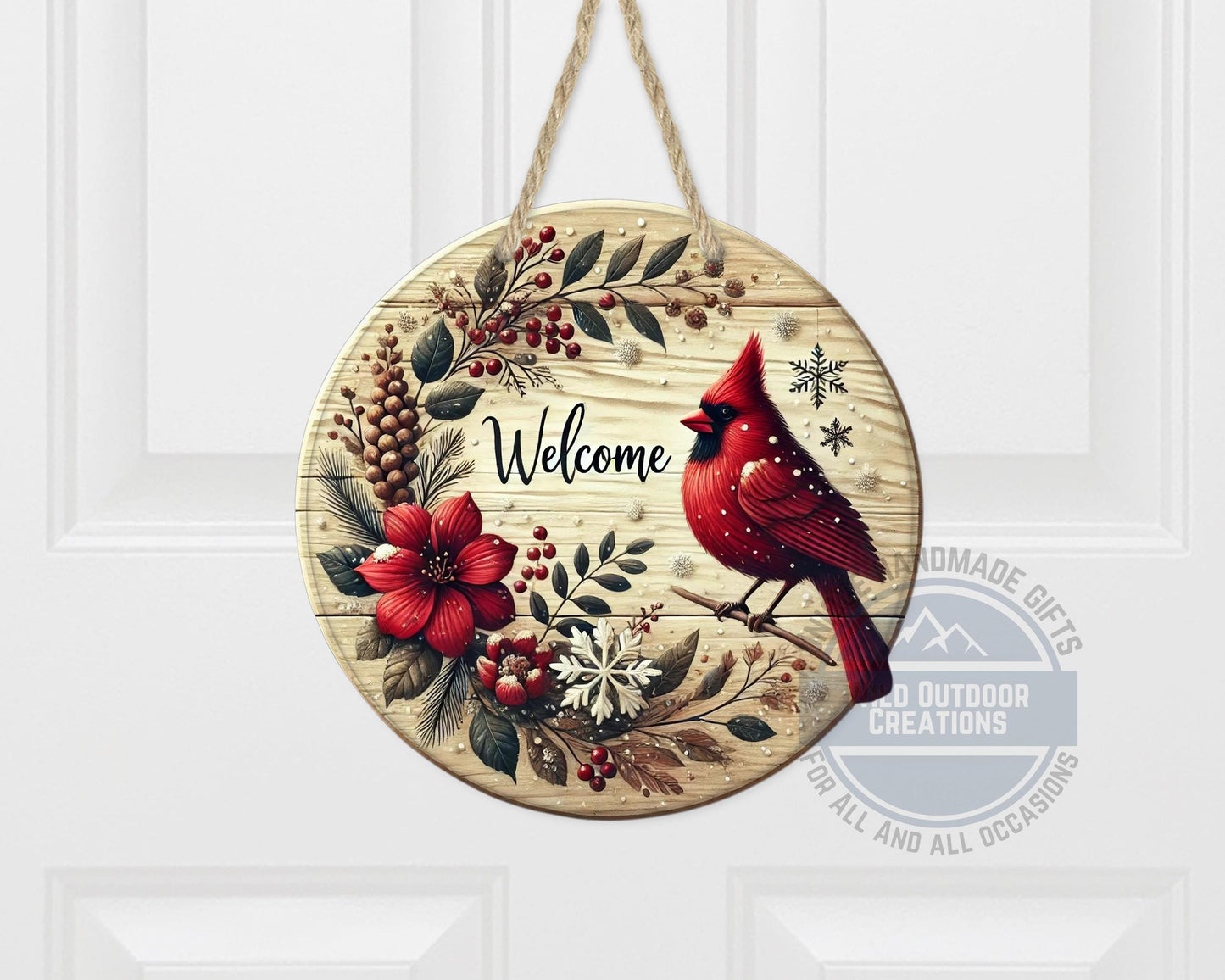 Cardinal Door Hanger - Winter Floral Wreath | Lightweight Aluminum Holiday Porch Sign - alternate view