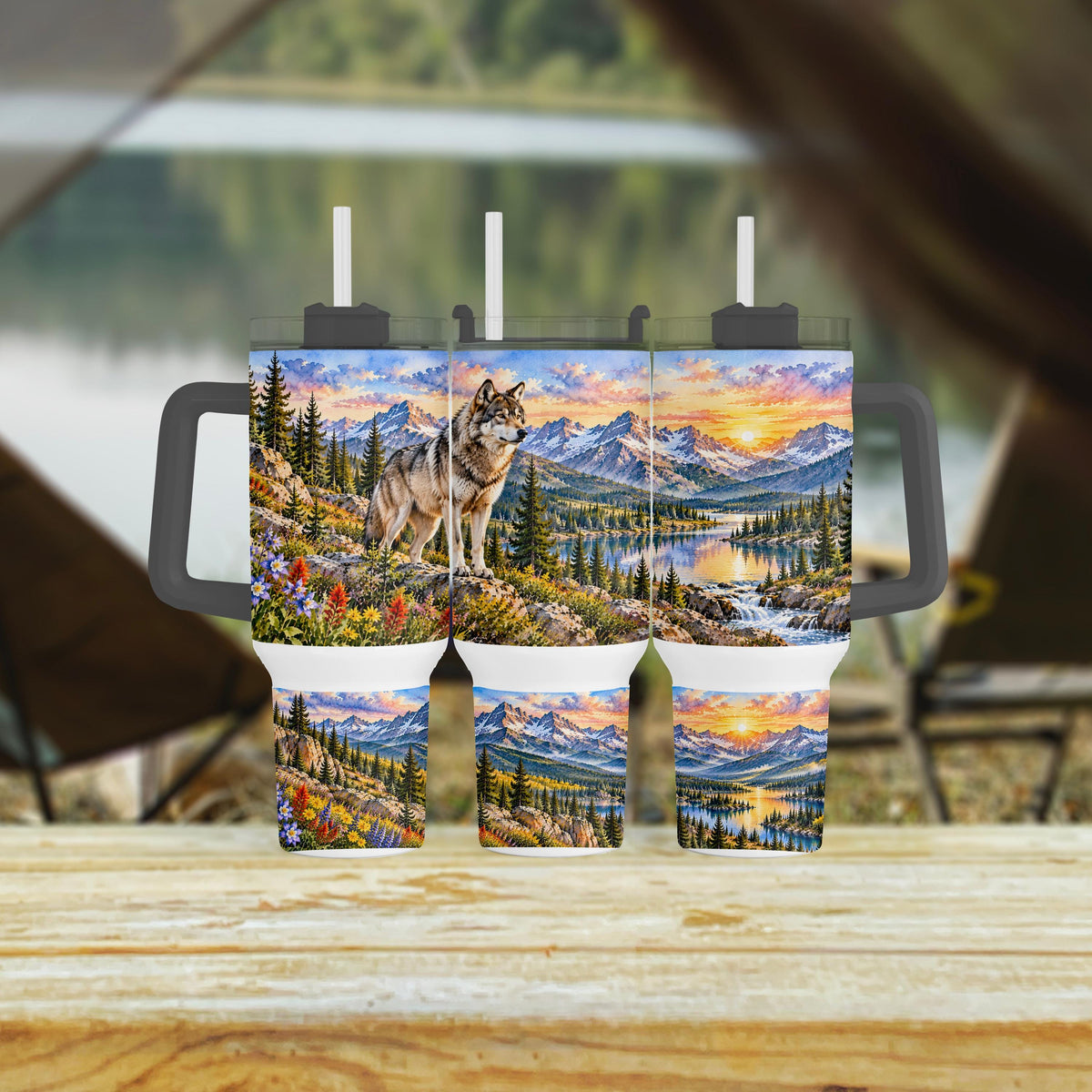 Gray Wolf Tumbler, 40 Oz With Handle, Mountain Lake Wildlife Cup