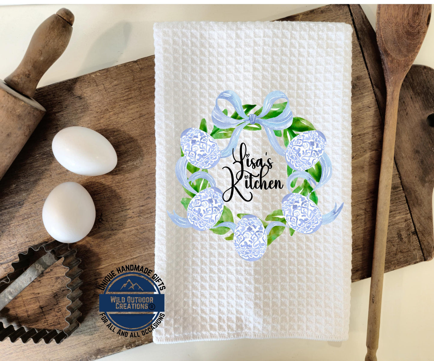 Personalized Easter Towel – Custom Name Kitchen Towel With Blue Chinoiserie Wreath - lifestyle view