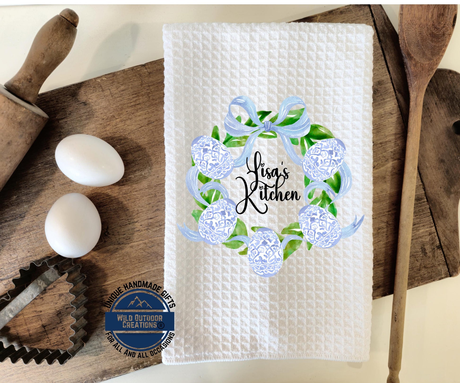 Personalized Easter Towel – Custom Name Kitchen Towel With Blue Chinoiserie Wreath - lifestyle view