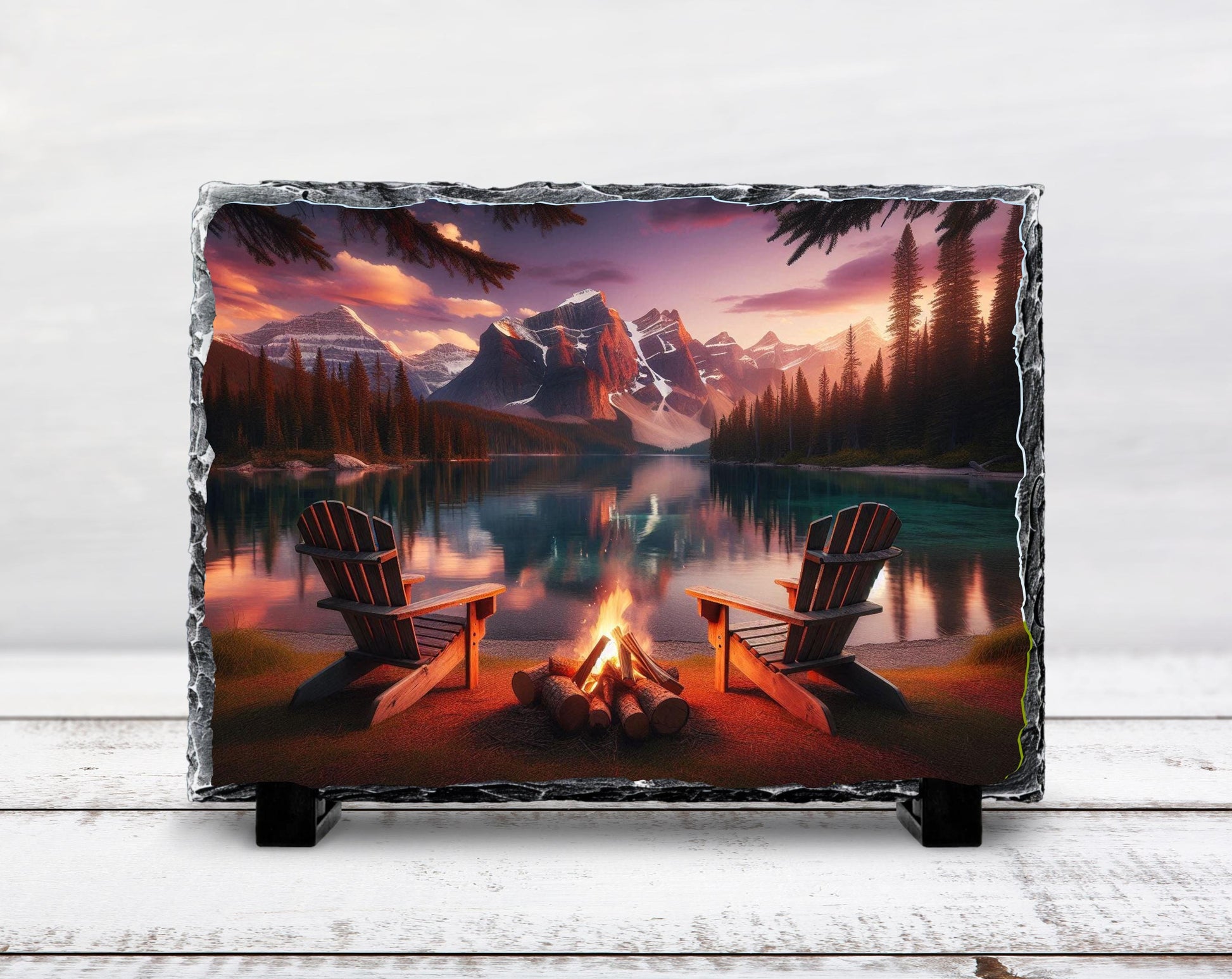 Campfire Slate Plaque – Rustic Stone Decor | Mountain Lake Art & Cozy Cabin Gift - lifestyle view