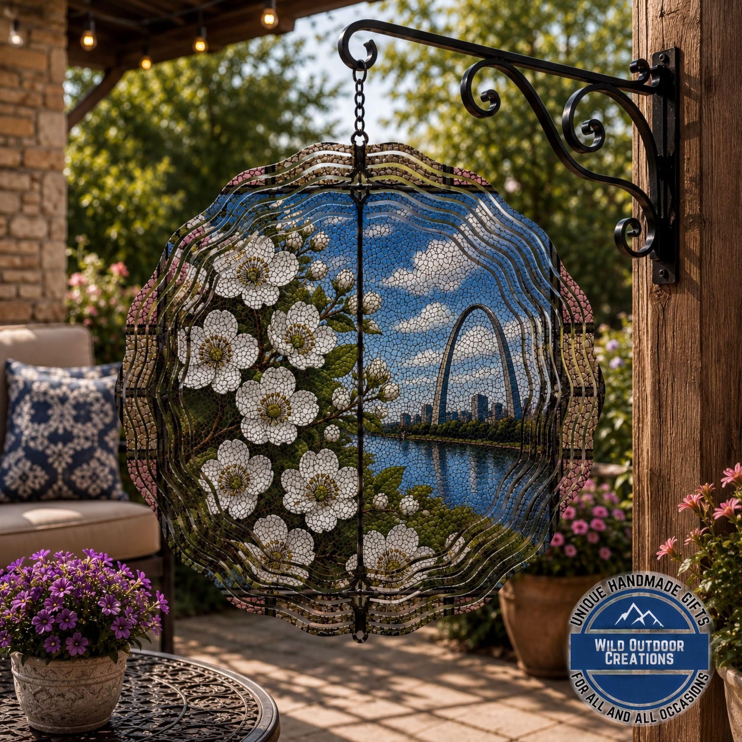Missouri State Flower Hawthorn Blossom Wind Spinner Stained Glass Gateway Arch Decor 10 Inch