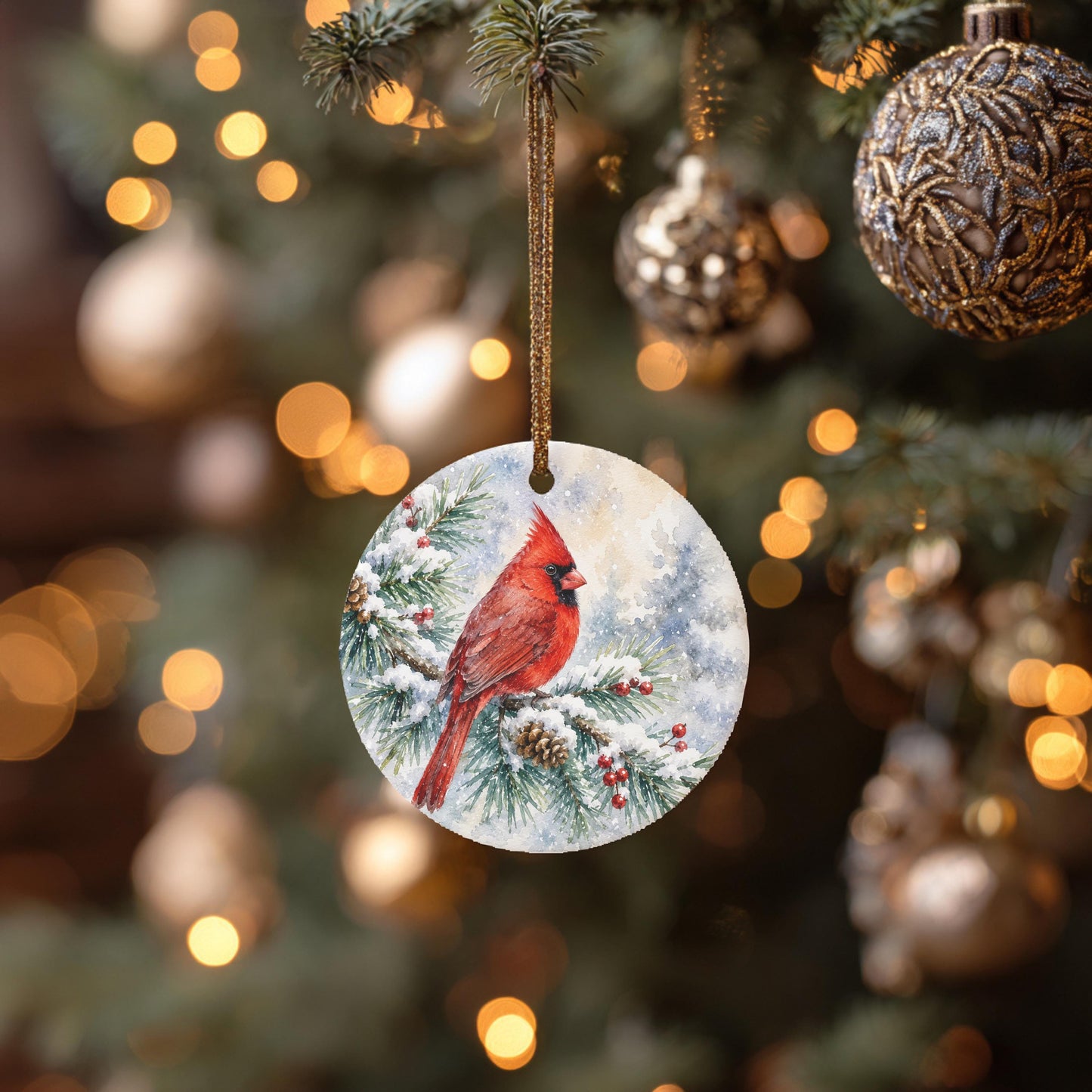 A round ornament featuring a red cardinal perched on a snowy branch, surrounded by a winter landscape.