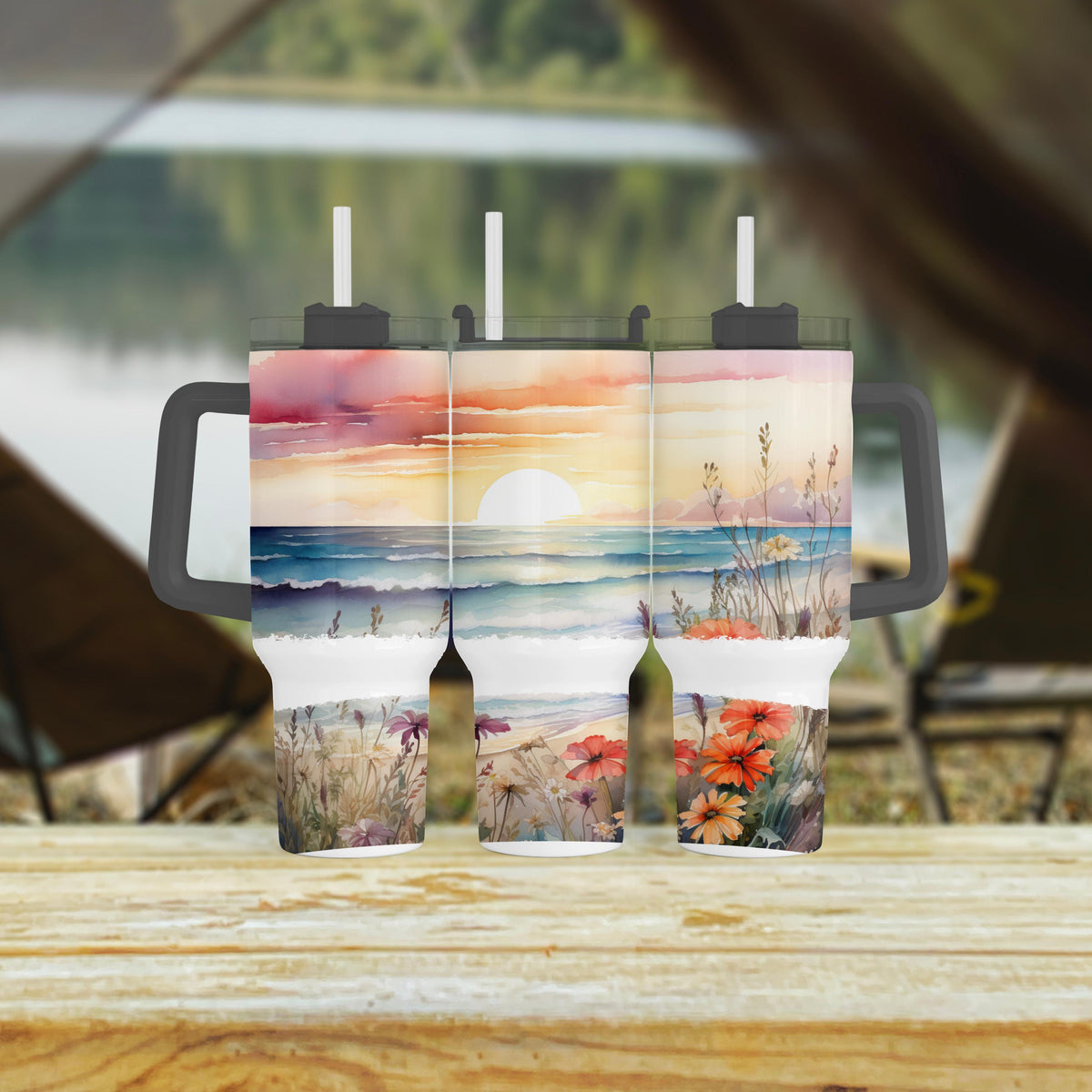 Beach Sunset Tumbler, 40 Oz Handle, Ocean Waves, Wildflower Gift