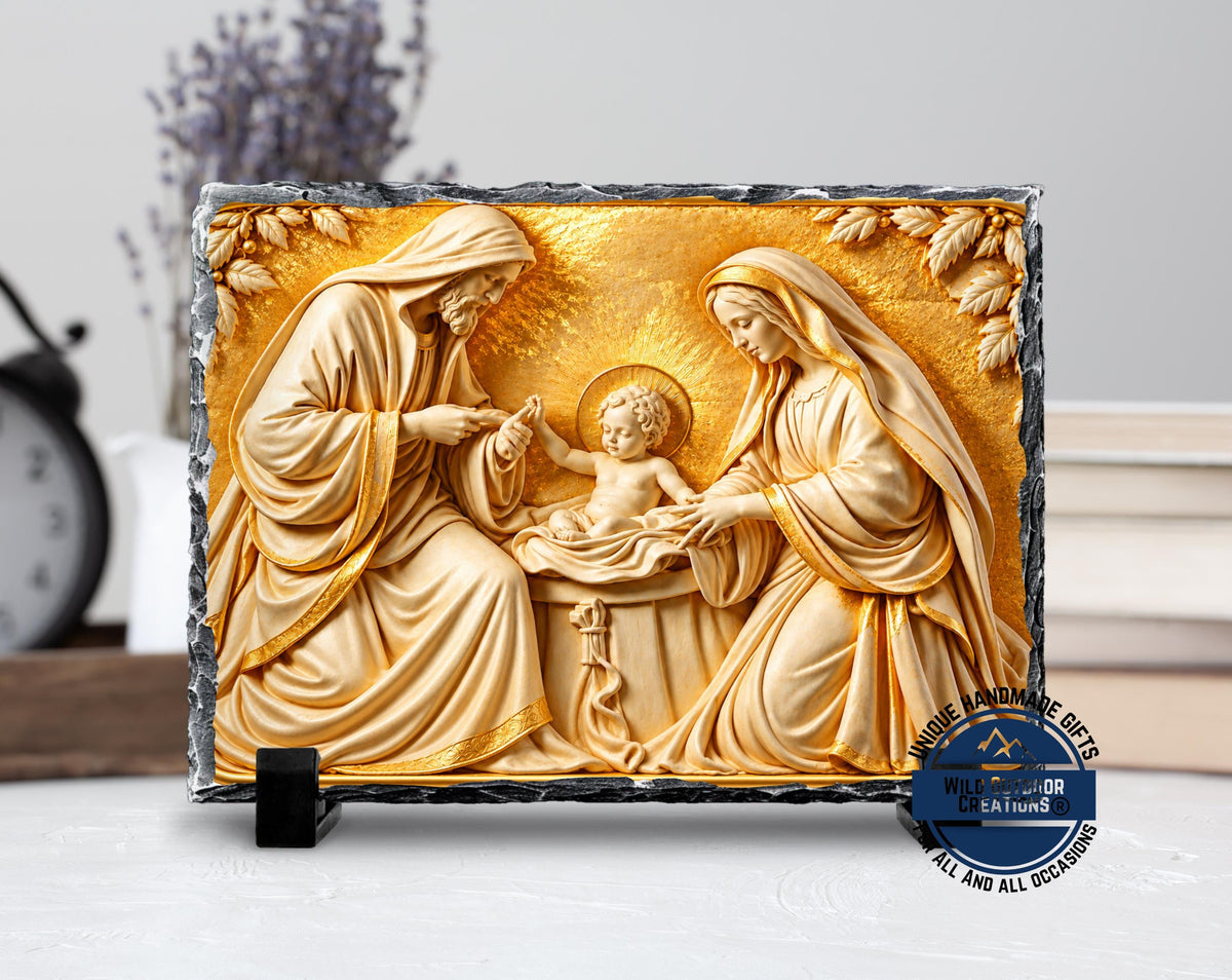 Holy Family Slate Plaque, Gold Nativity Art, Christian Catholic Religious Gift Decor