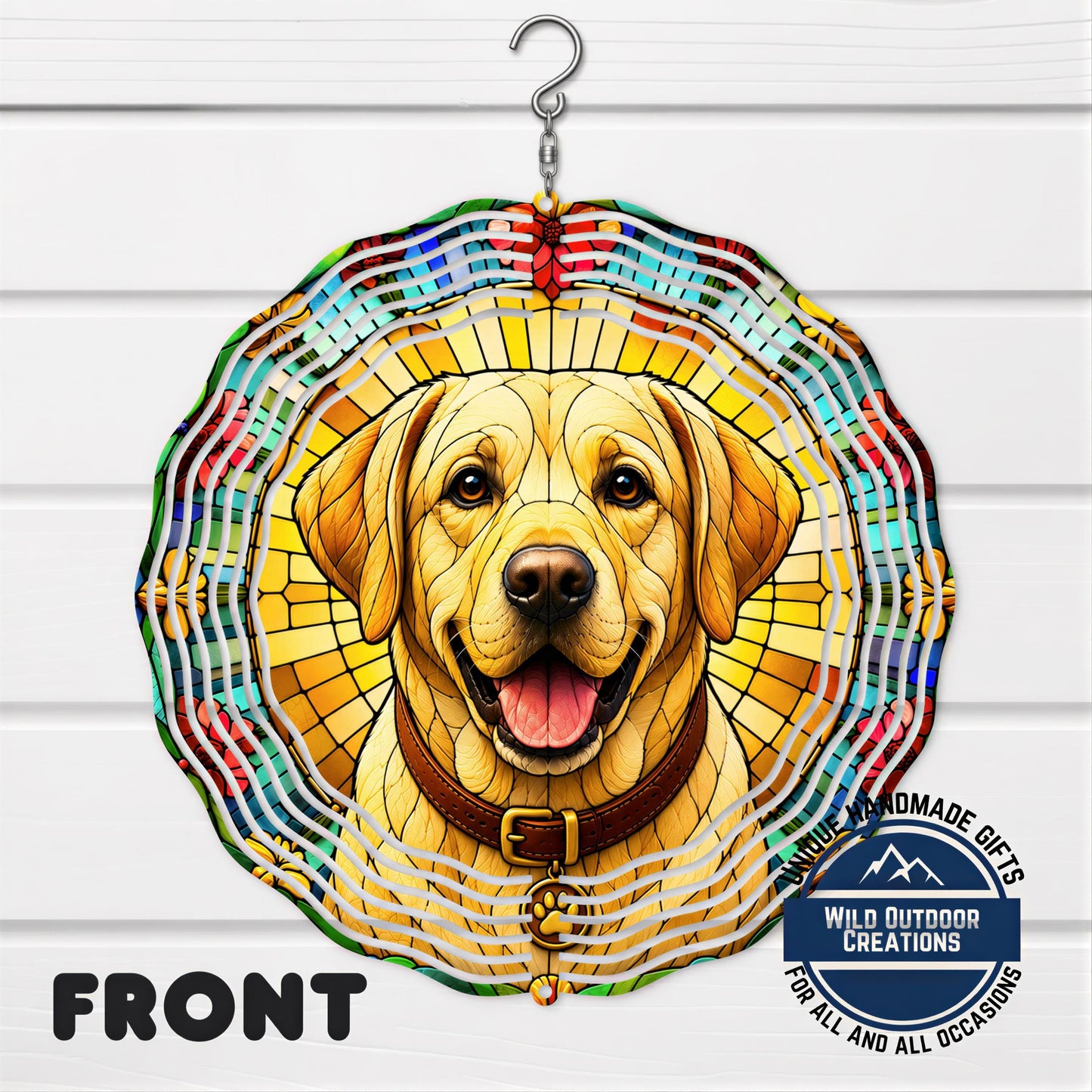 Yellow Lab Wind Spinner - 10 Inch Faux Stained Glass Metal Garden Decor