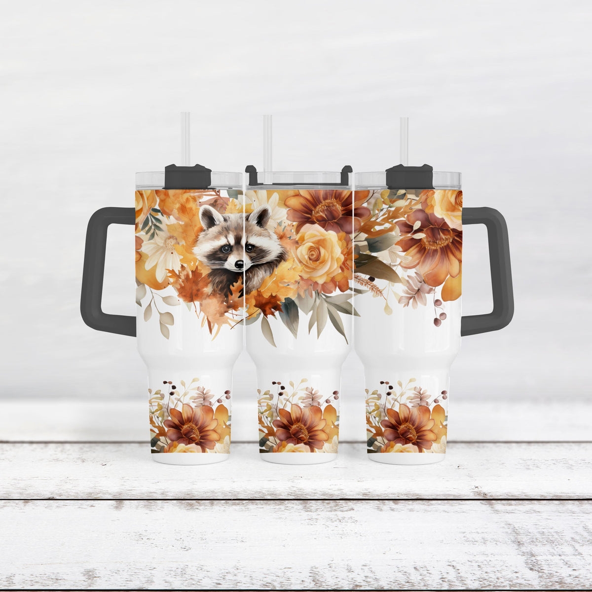 40 Oz Tumbler, Raccoon Fall Floral With Handle, Autumn Mug Gift