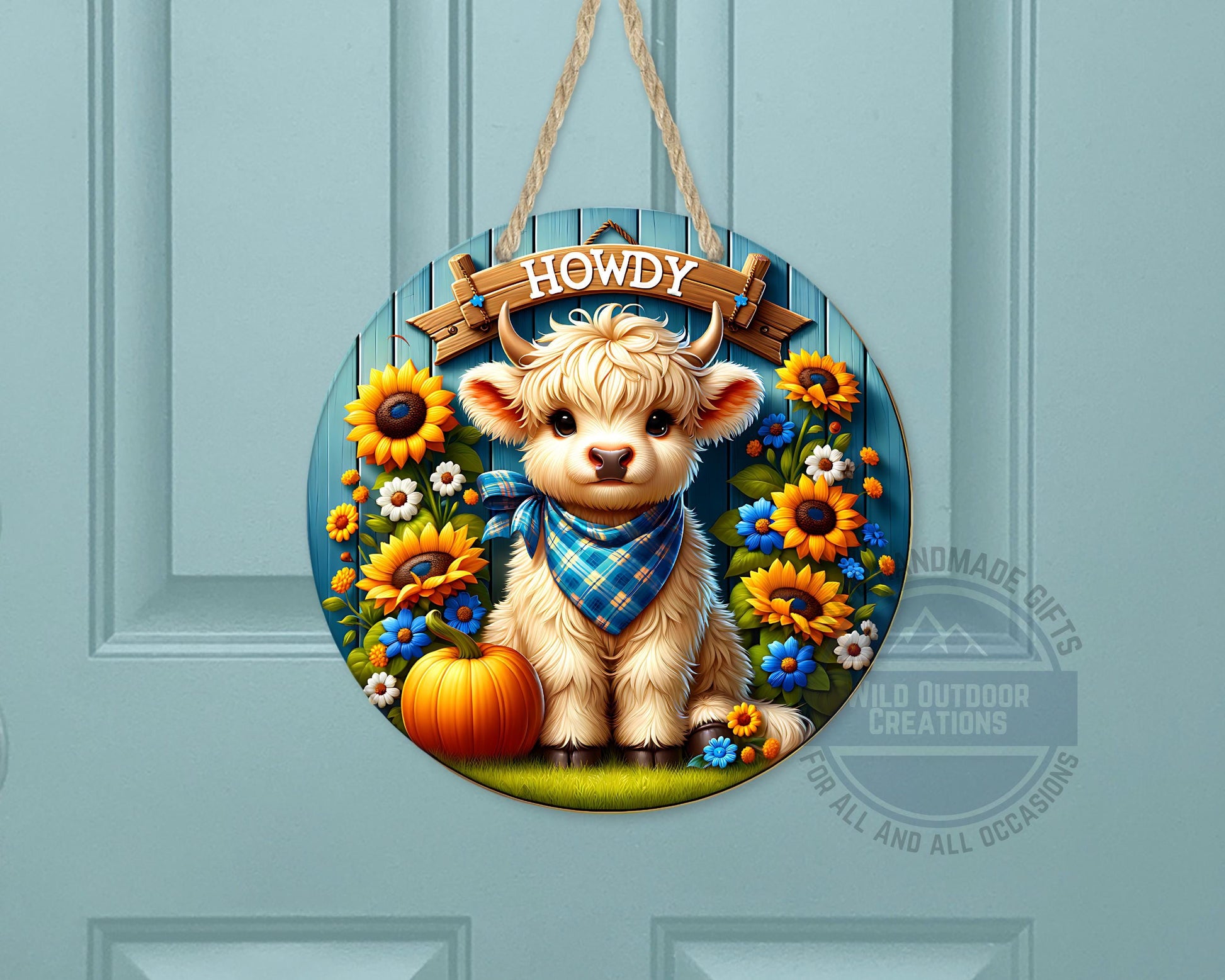 Farmhouse Door Hanger - Aluminum Round Sign with Highland Cow Decor, Blue Plaid - displayed on front door