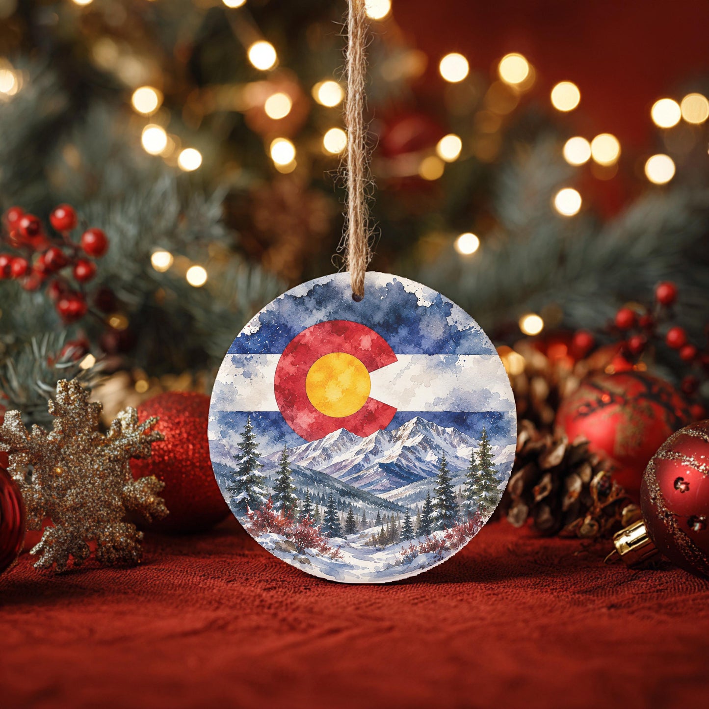 A round ornament featuring the Colorado state flag is displayed on a red surface, surrounded by Christmas decorations and lights.