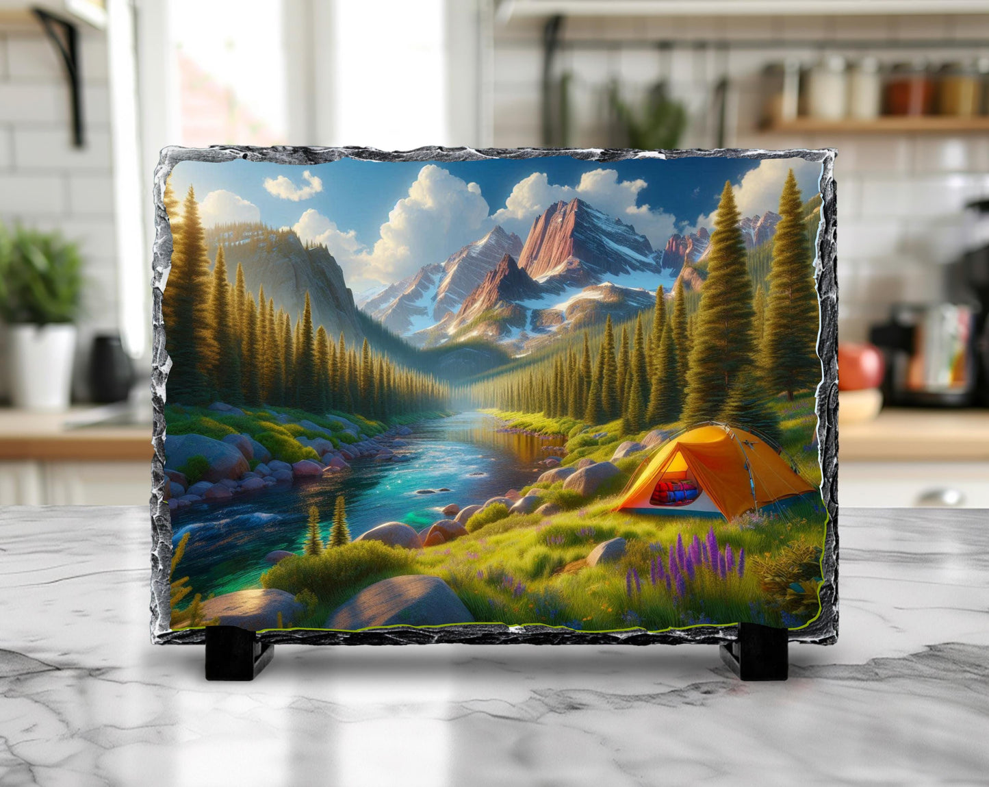 Mountain Camping Plaque - Rustic Slate Art With River And Tent Artwork - lifestyle view