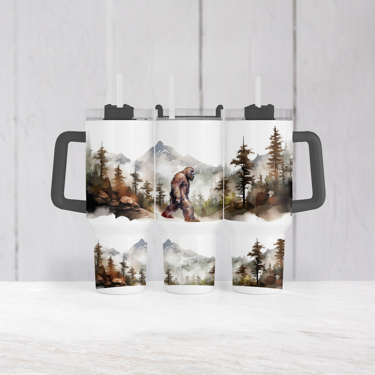Bigfoot Tumbler, 40 Oz Handle Cup, Misty Forest Sasquatch Gift
