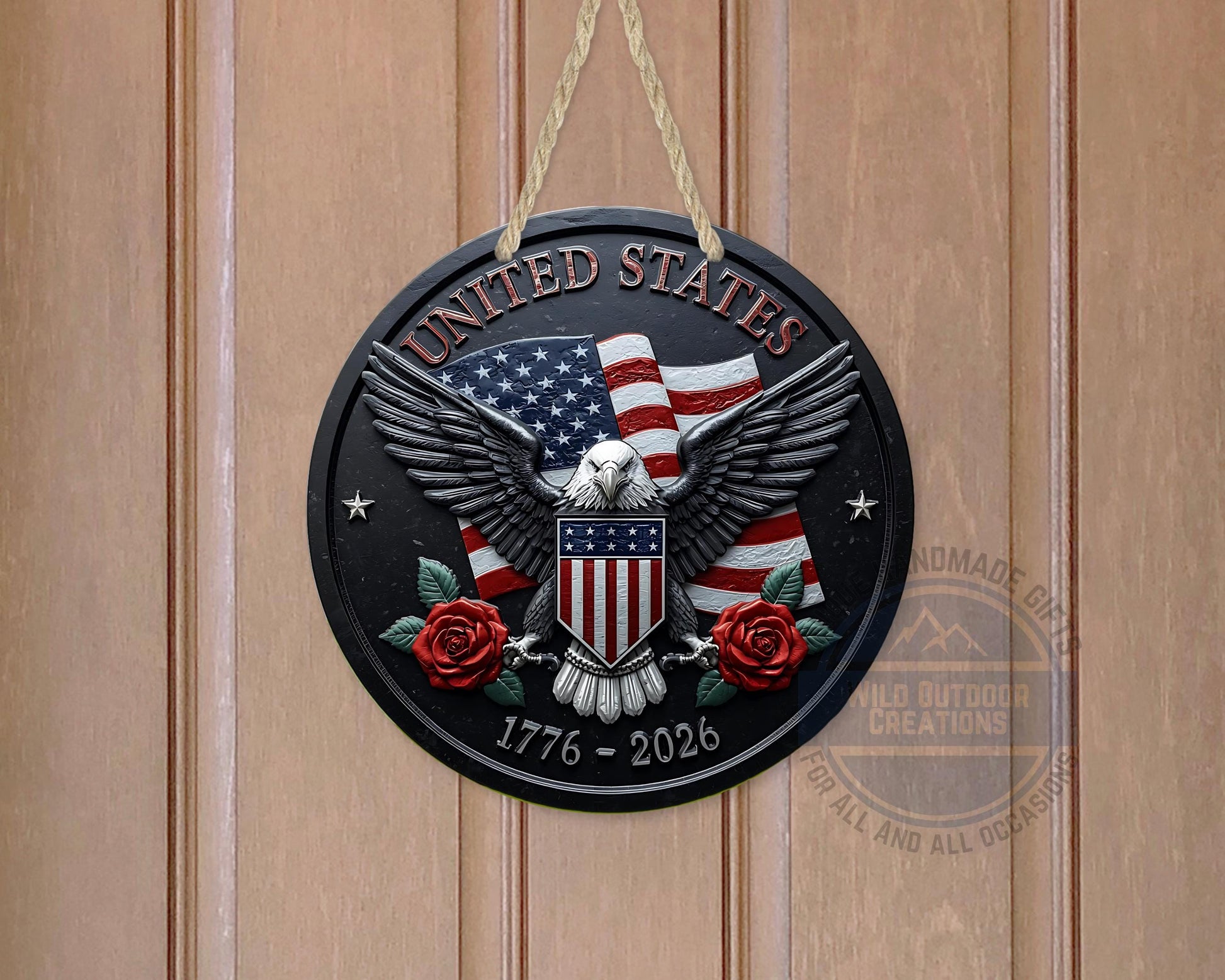 American Eagle Door Hanger - Round Aluminum Patriotic Door Sign, Veteran Gift Idea - packaging and presentation