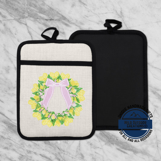 Lemon Wreath Pot Holder - Non Slip Potholder With Pocket | Floral Kitchen Gift