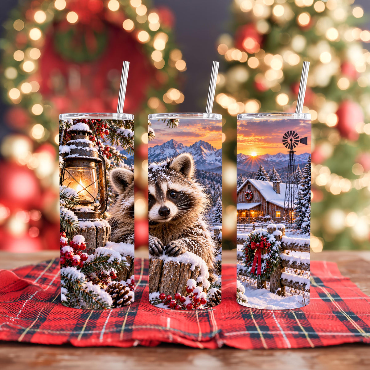 Raccoon Tumbler, 20 Oz Skinny, Snowy Cabin Lantern Holiday Gift