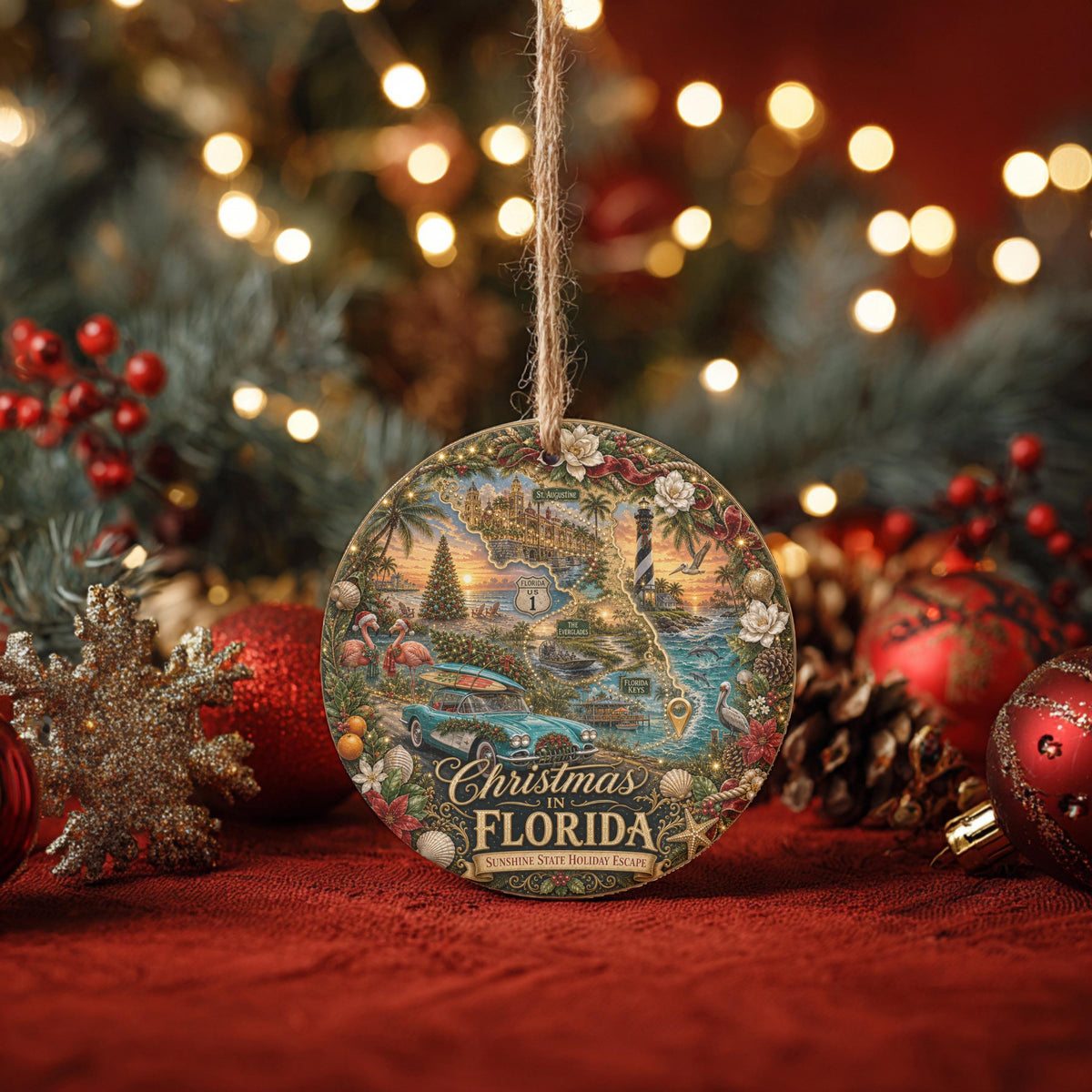 Florida Christmas Ornament, Vintage Ceramic Keepsake | 3 Inch Round