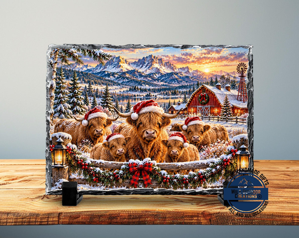 Highland Cow Decor, Christmas Slate Plaque, Santa Hat Cow Family