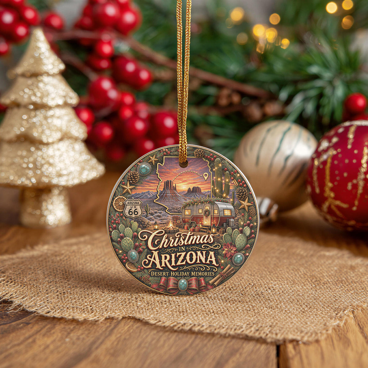 Arizona Christmas Ornament | Ceramic Keepsake | Desert Sunset Camper