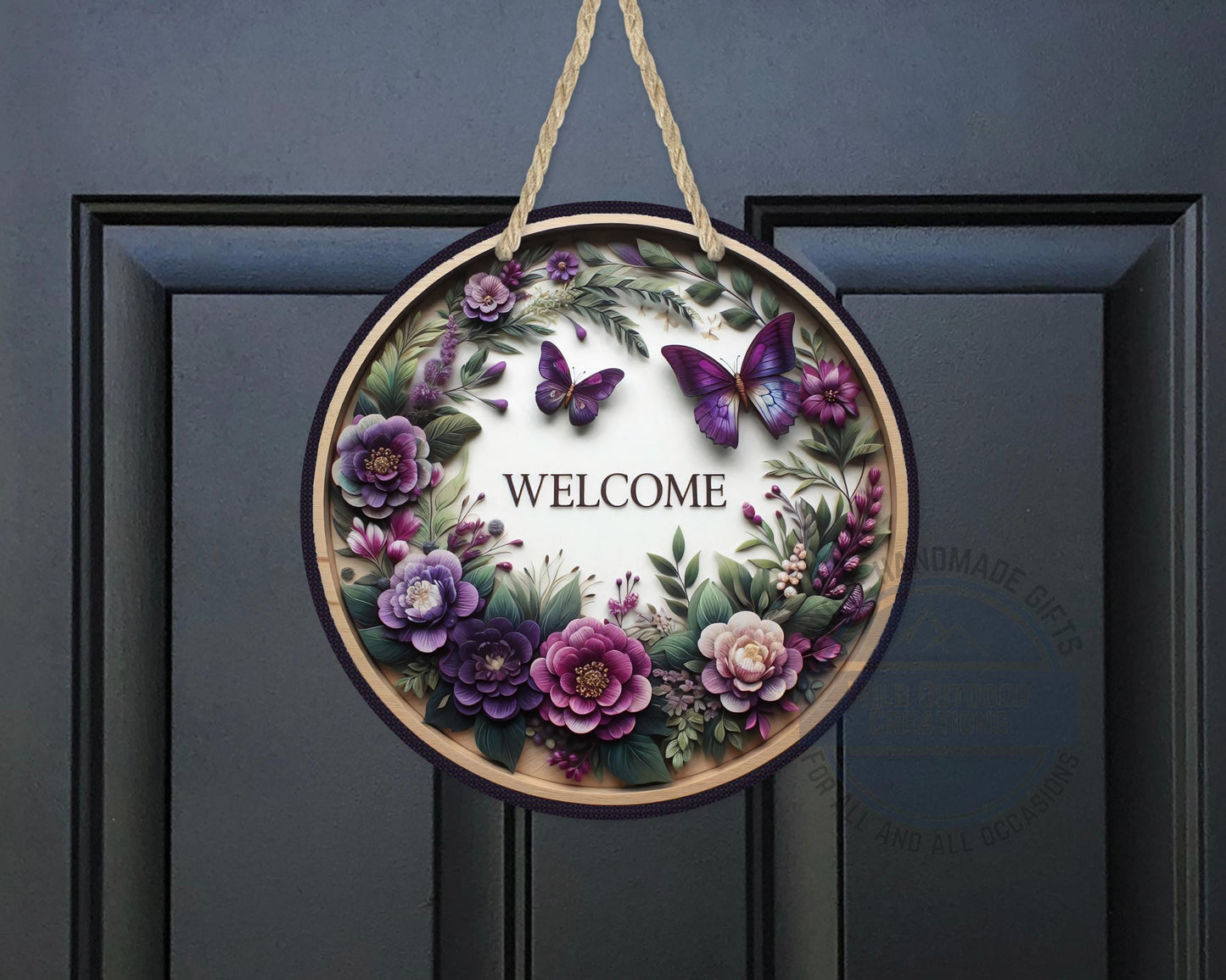 Welcome Door Hanger - Purple Floral Butterfly Porch Sign | Weather Resistant Aluminum - additional product photo 10