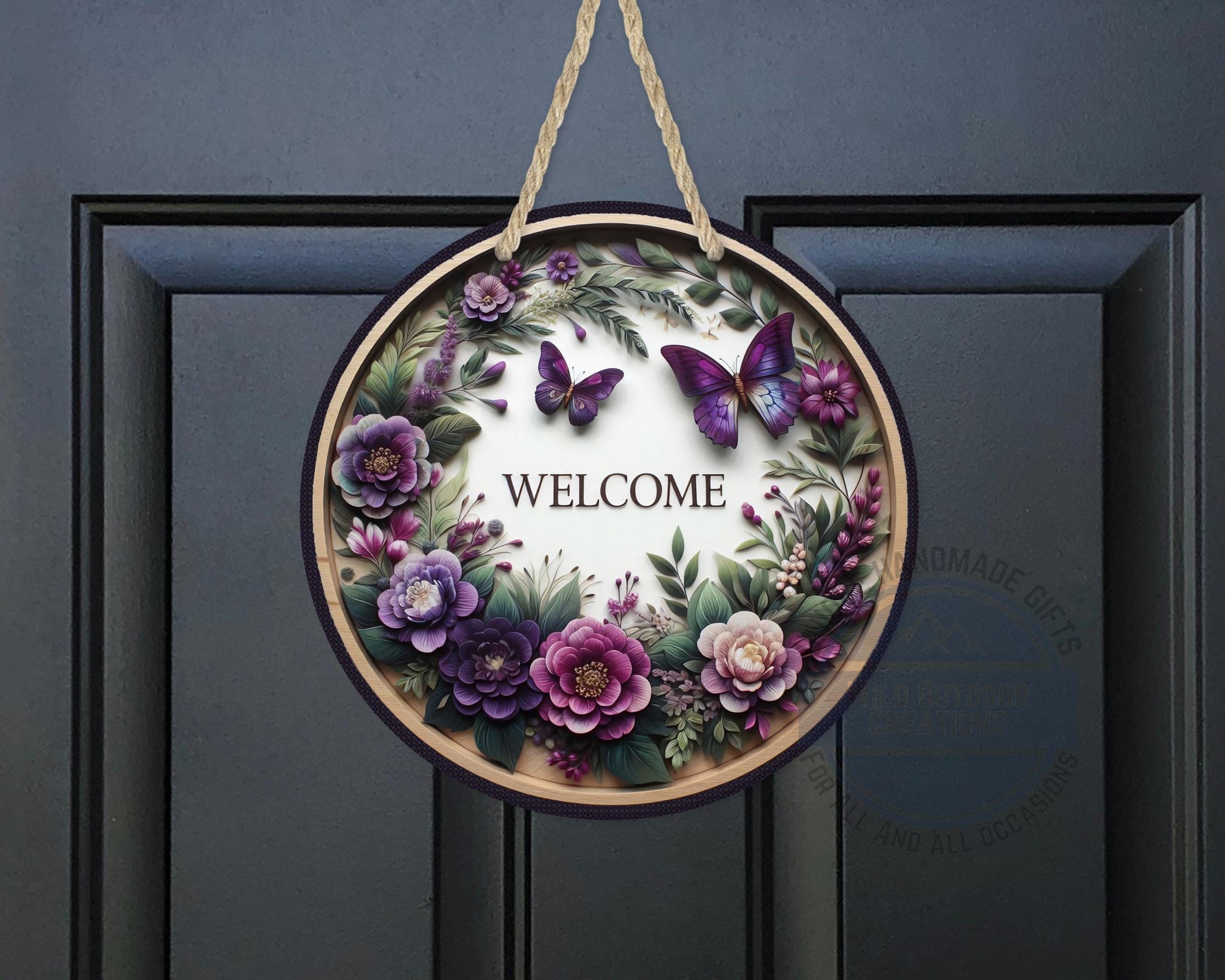 Welcome Door Hanger - Purple Floral Butterfly Porch Sign | Weather Resistant Aluminum - additional product photo 10