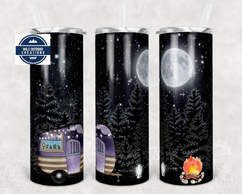 Retro Camper Tumbler | Moonlit Night Scene | 20Oz Stainless Steel