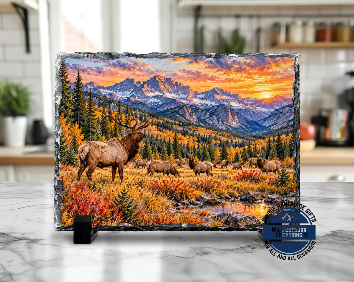 Elk Herd Slate Plaque, Colorado Mountain Wildlife Art, Rustic Fall Cabin Decor