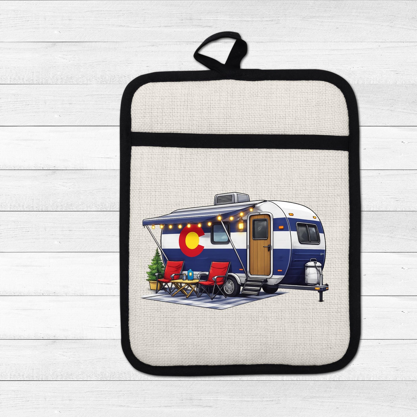 Colorado Camper Pot Holder - Linen Fabric, Silicone Heat Trivet With Loop - product dimensions and specifications