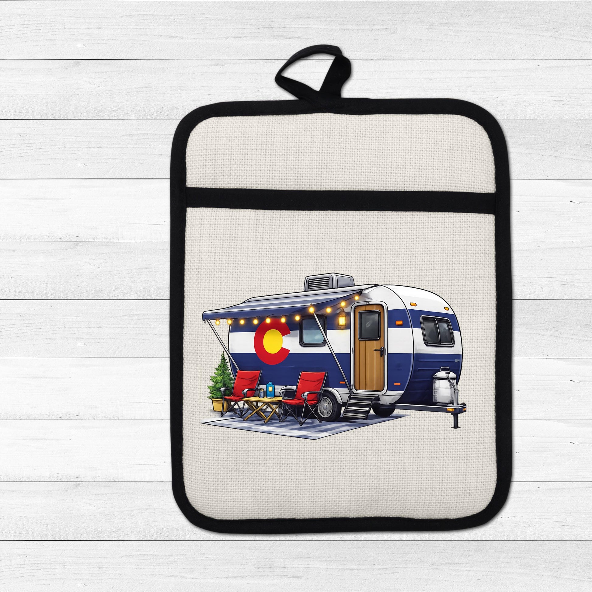 Colorado Camper Pot Holder - Linen Fabric, Silicone Heat Trivet With Loop - product dimensions and specifications
