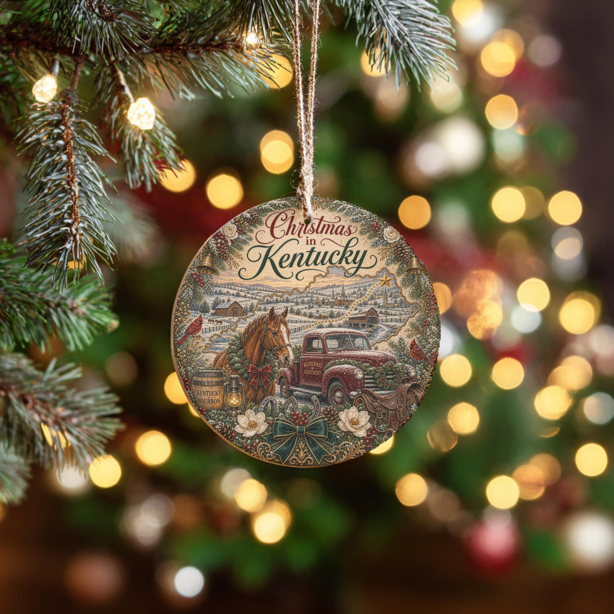 Kentucky Christmas Ornament, Bluegrass Horse Farm Ceramic Round