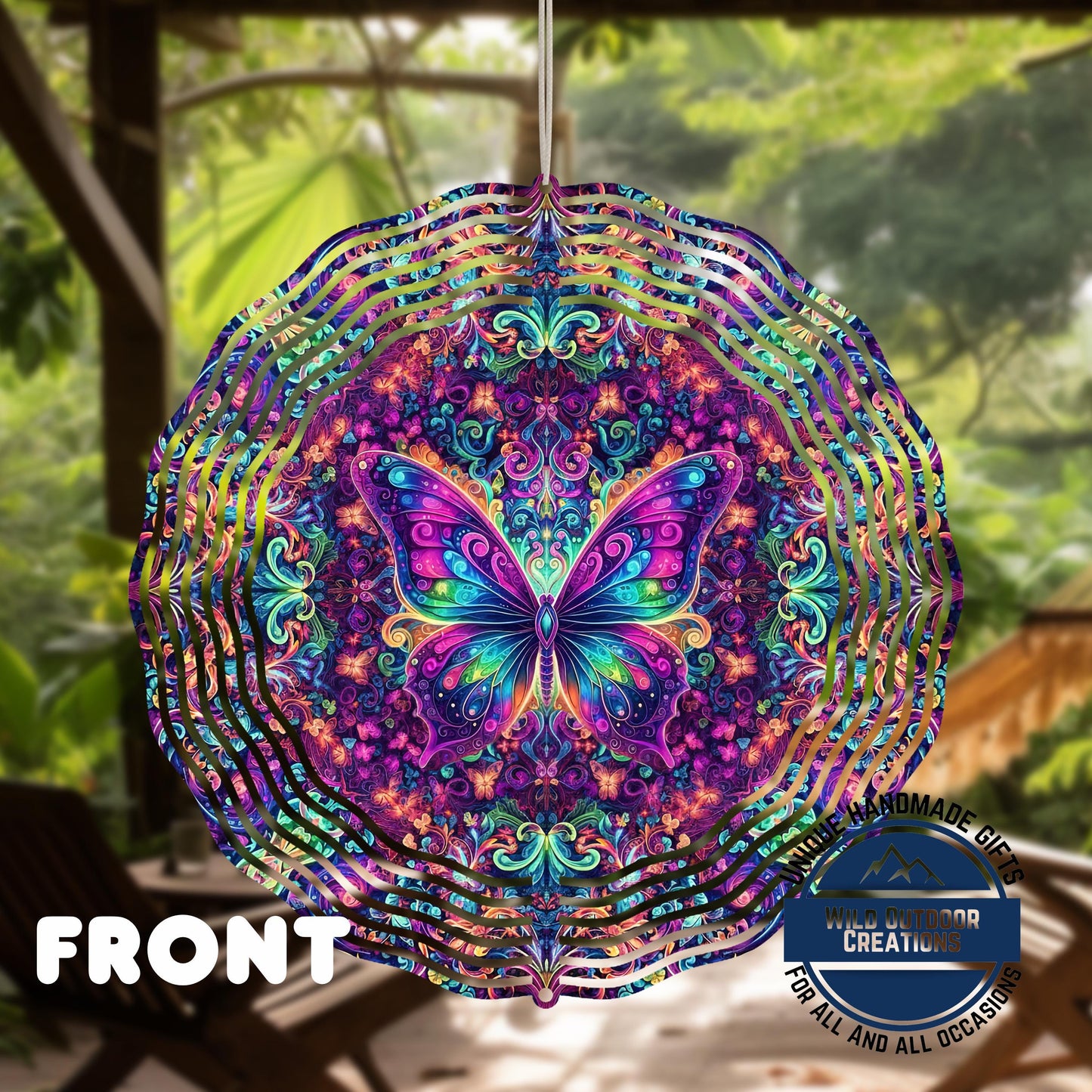 Psychedelic Butterfly Spinner - 10 Inch Outdoor Wind Spinner with 360° Swivel Hook - back side design view