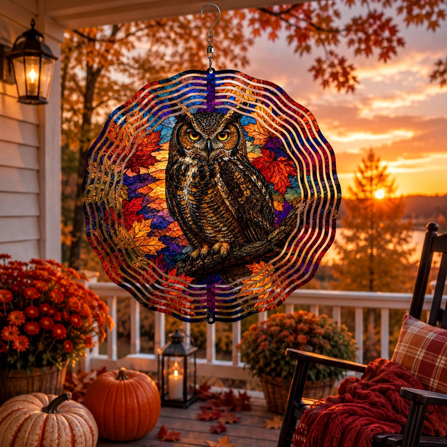 Great Horned Owl Faux Stained Glass Wind Spinner Fall Autumn Leaves Garden