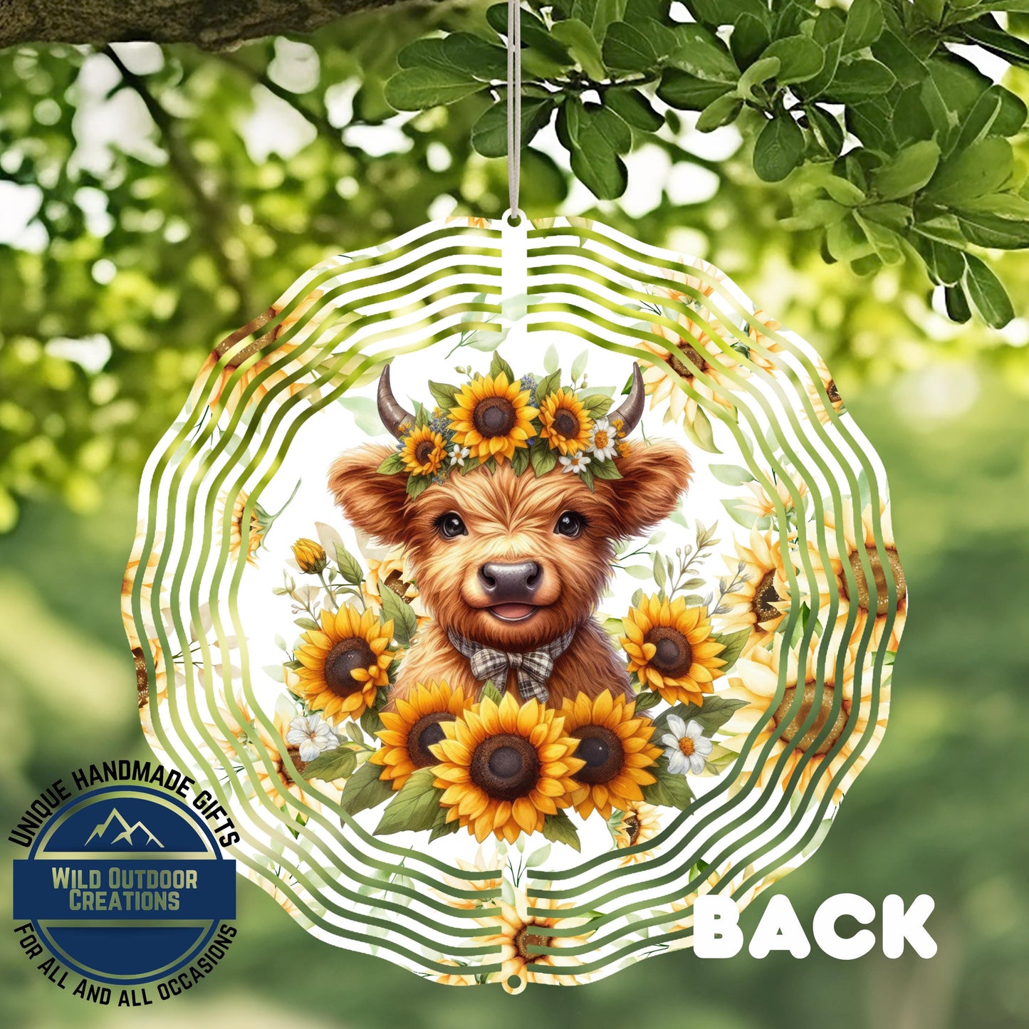 Baby Highland Cow Spinner - Rustic Garden Decor | Sunflower Crown Wind Spinner - close-up detail of design
