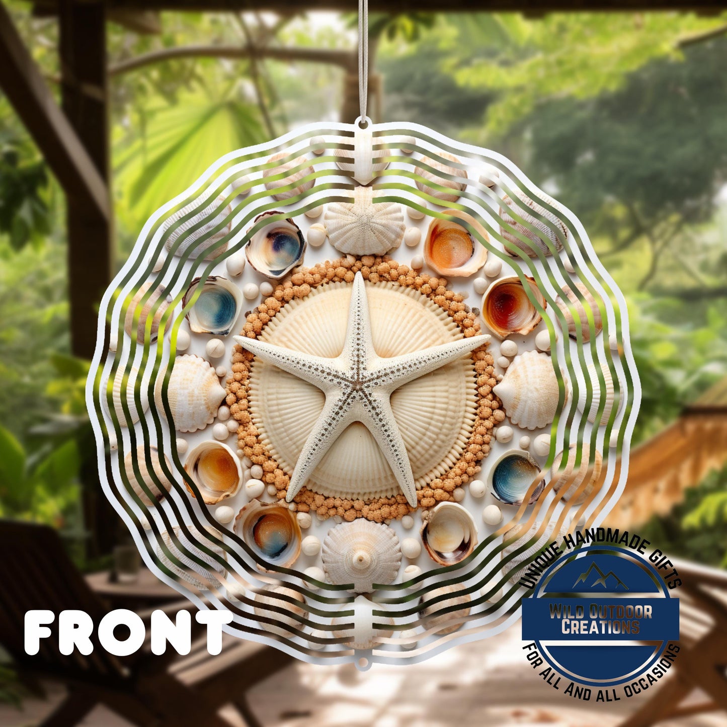 Coastal Seashell Wind Spinner - Aluminum Beach Nautical Yard Art, 10 Inch - back side design view