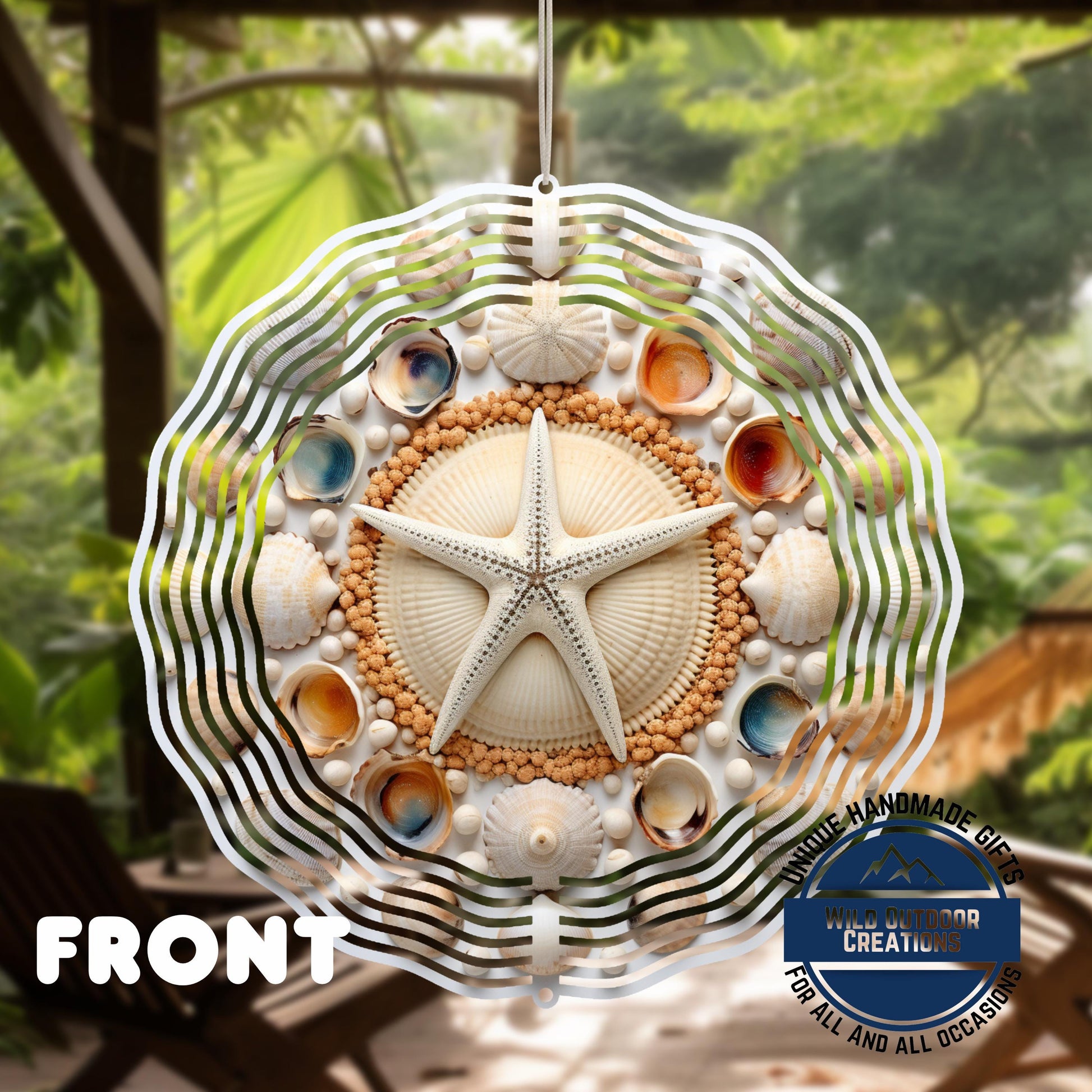 Coastal Seashell Wind Spinner - Aluminum Beach Nautical Yard Art, 10 Inch - back side design view