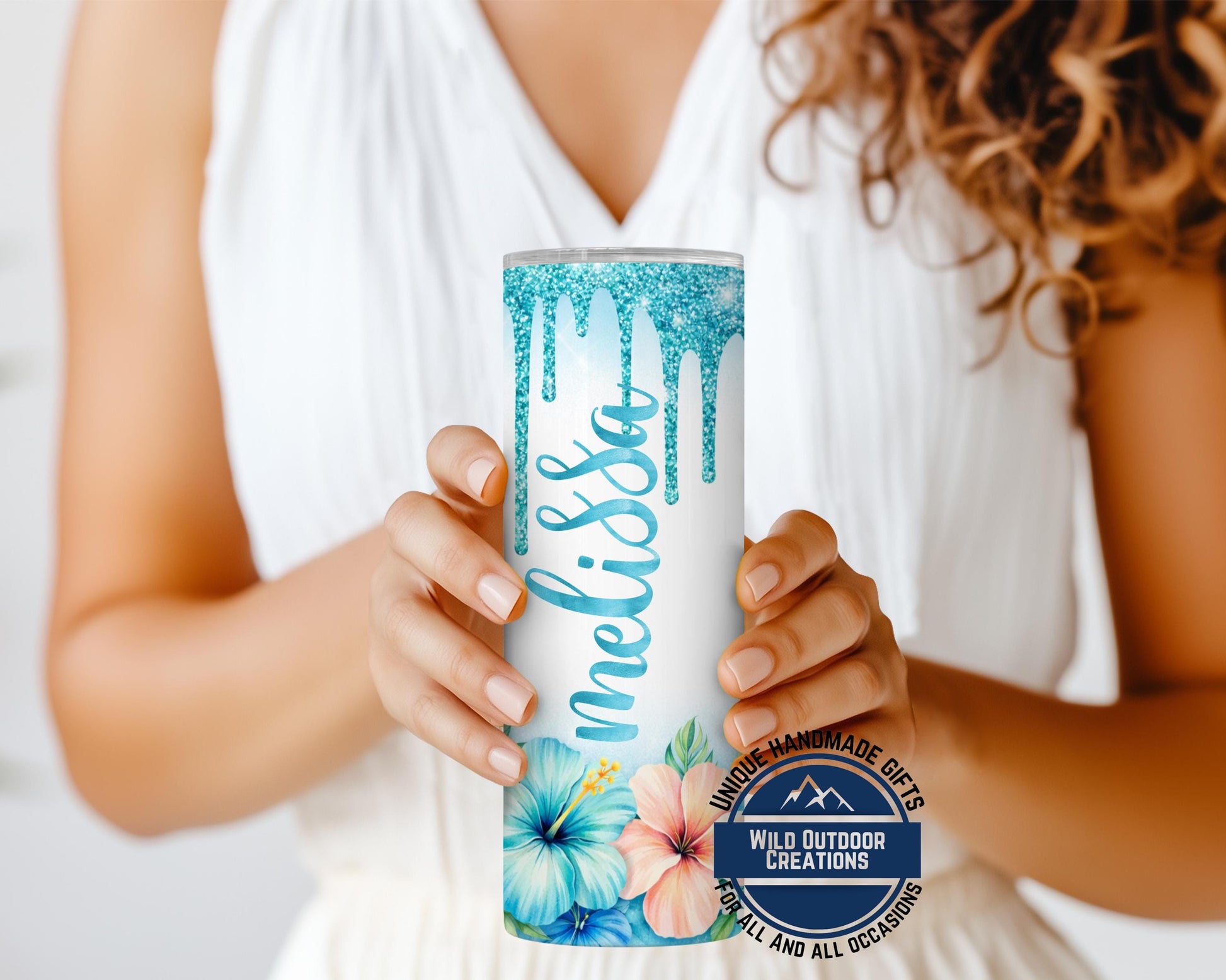Personalized Tropical Tumbler - Double Wall Tumbler With Floral Beach Design & Glow Green - alternate view