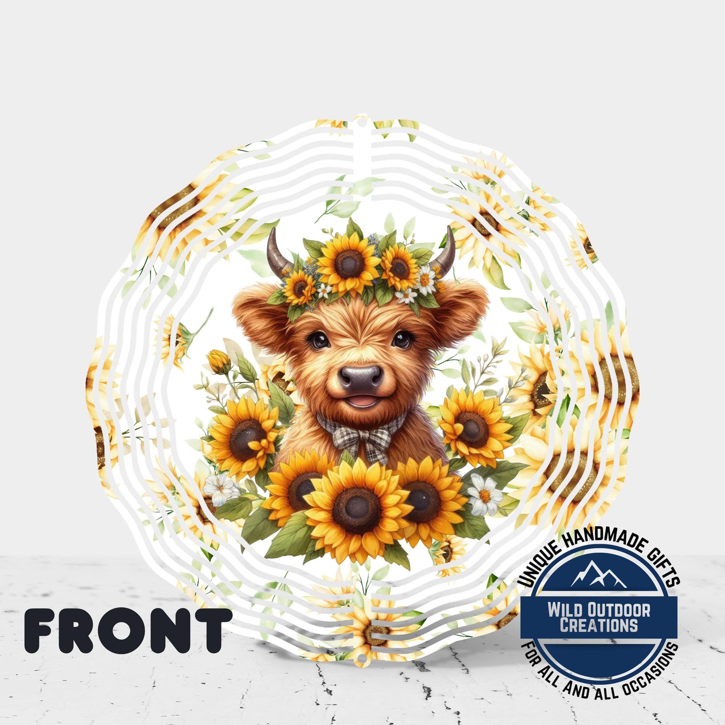 Baby Highland Cow Spinner - Rustic Garden Decor | Sunflower Crown Wind Spinner - gift presentation view