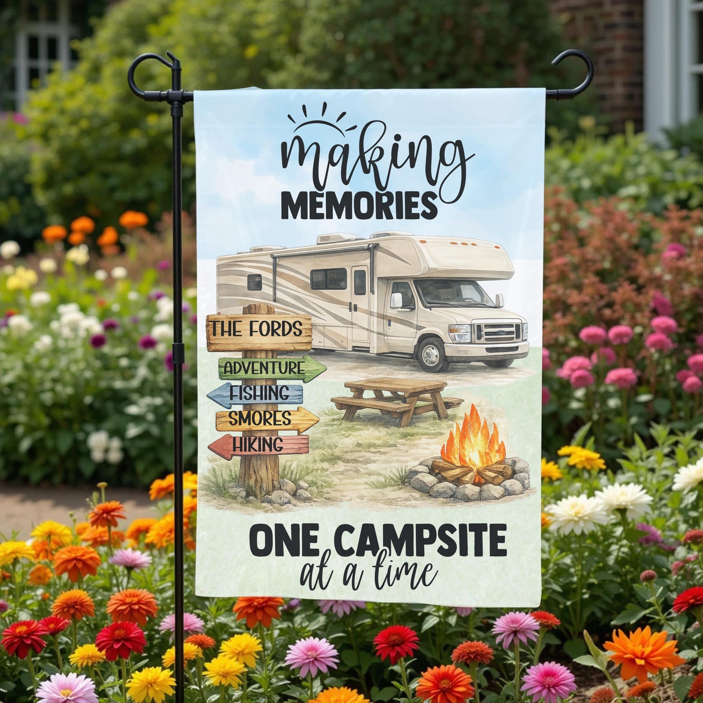Class C Motorhome Flag - Personalized Camper Garden Flag | Custom Family Name Outdoor Decor - front and back
