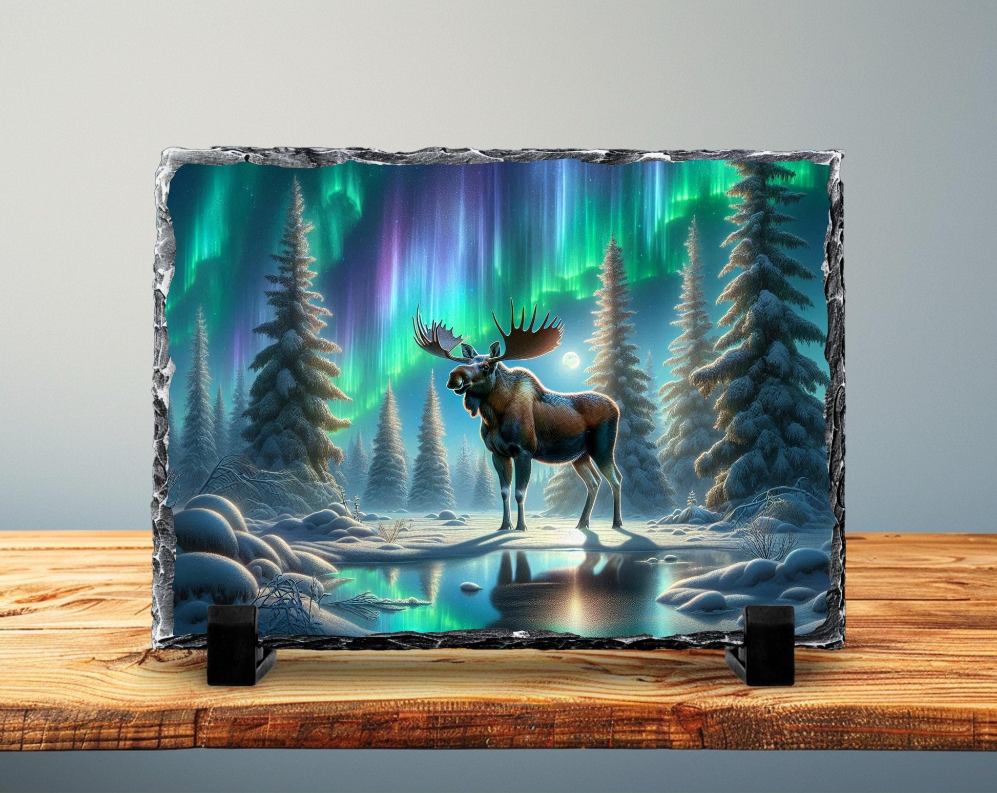 Moose Slate Plaque – Northern Lights Art | Rustic Cabin Decor, Wildlife Wall Art - additional angle