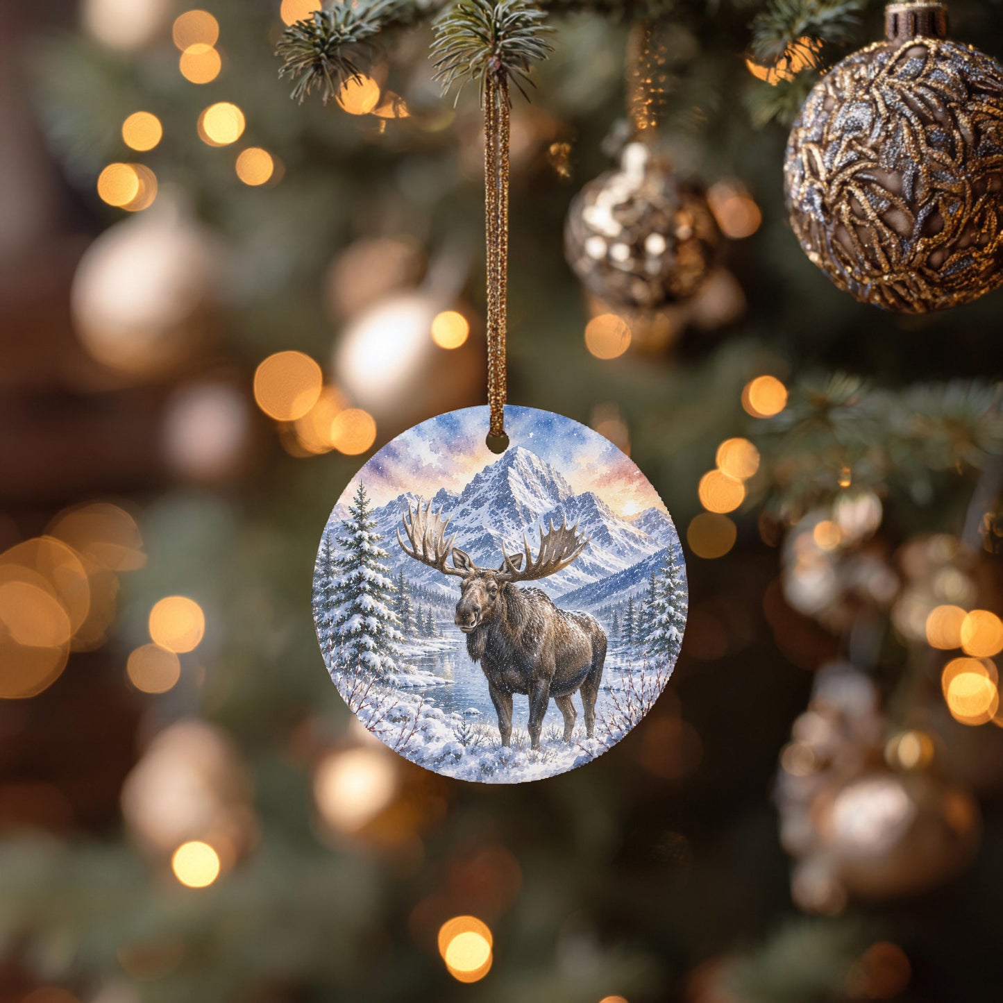 A round ornament featuring a moose is hanging from a Christmas tree, surrounded by other ornaments and lights.