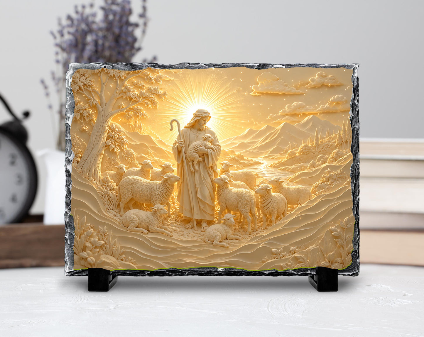 A stone carving depicting a shepherd tending to his flock, with a sunlit landscape in the background.