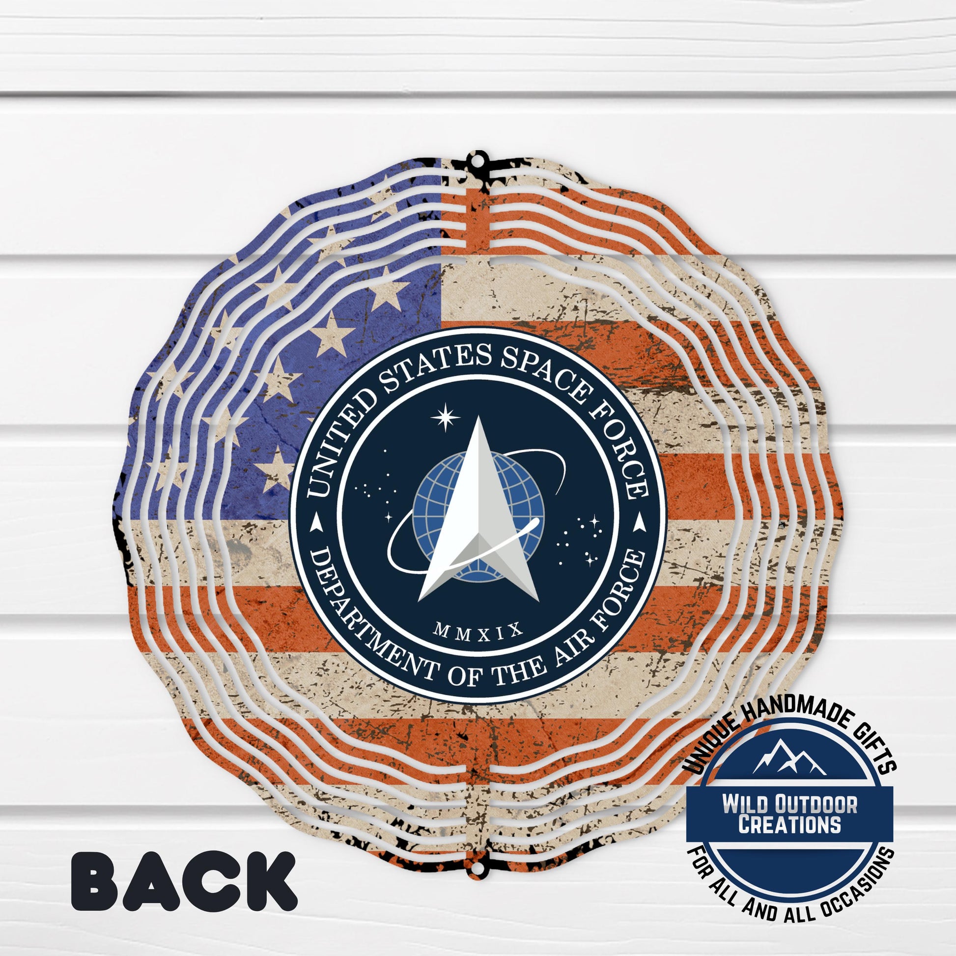 Space Force Wind Spinner – Patriotic Garden Decor | USSF Veteran Gift Outdoor Art - scale and size reference