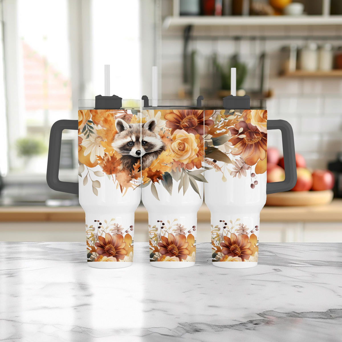 40 Oz Tumbler, Raccoon Fall Floral With Handle, Autumn Mug Gift